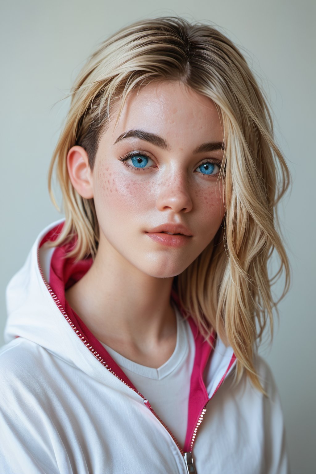 score_9, score_8_up, score_7_up, score_9, score_8_up, score_7_up, , spider-gwen,   blonde_hair, blue_eyes, realistic, photo, freckles,   blushed, unzipped,