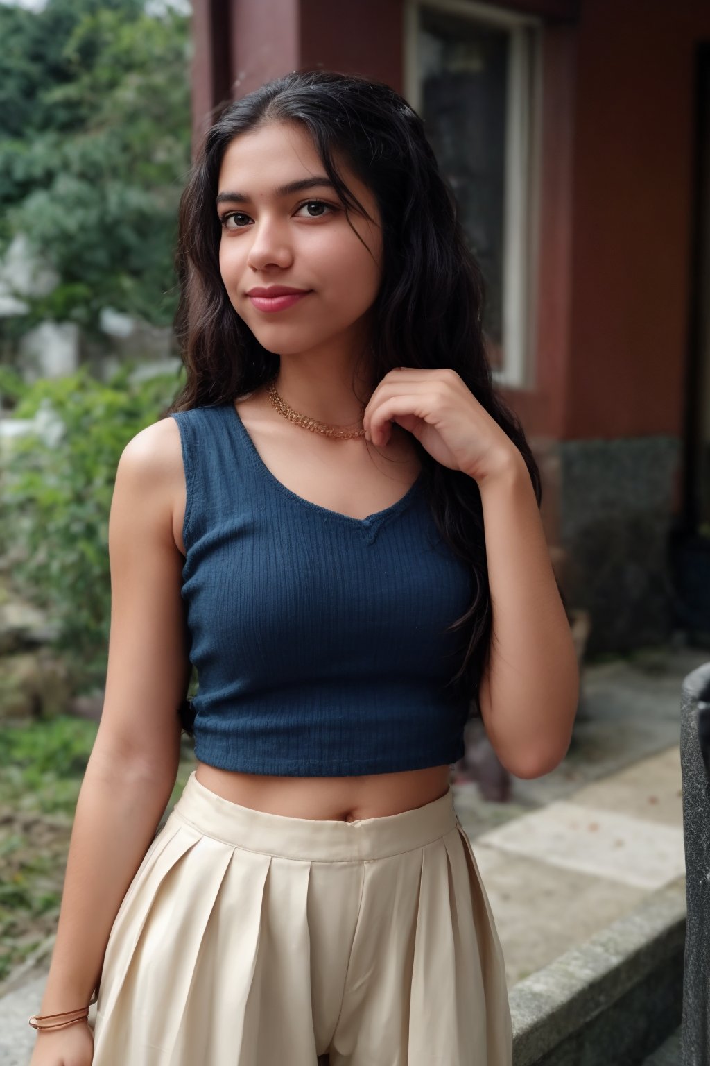 A stunning young woman poses confidently in a bright, sunlit room. She wears an ACMM SS outfit with a striking blue top adorned with intricate designs. The camera frames her from the chest up, highlighting her radiant smile and sparkling eyes. Soft, golden light illuminates her face, while the surrounding space is subtly blurred to emphasize her beauty.