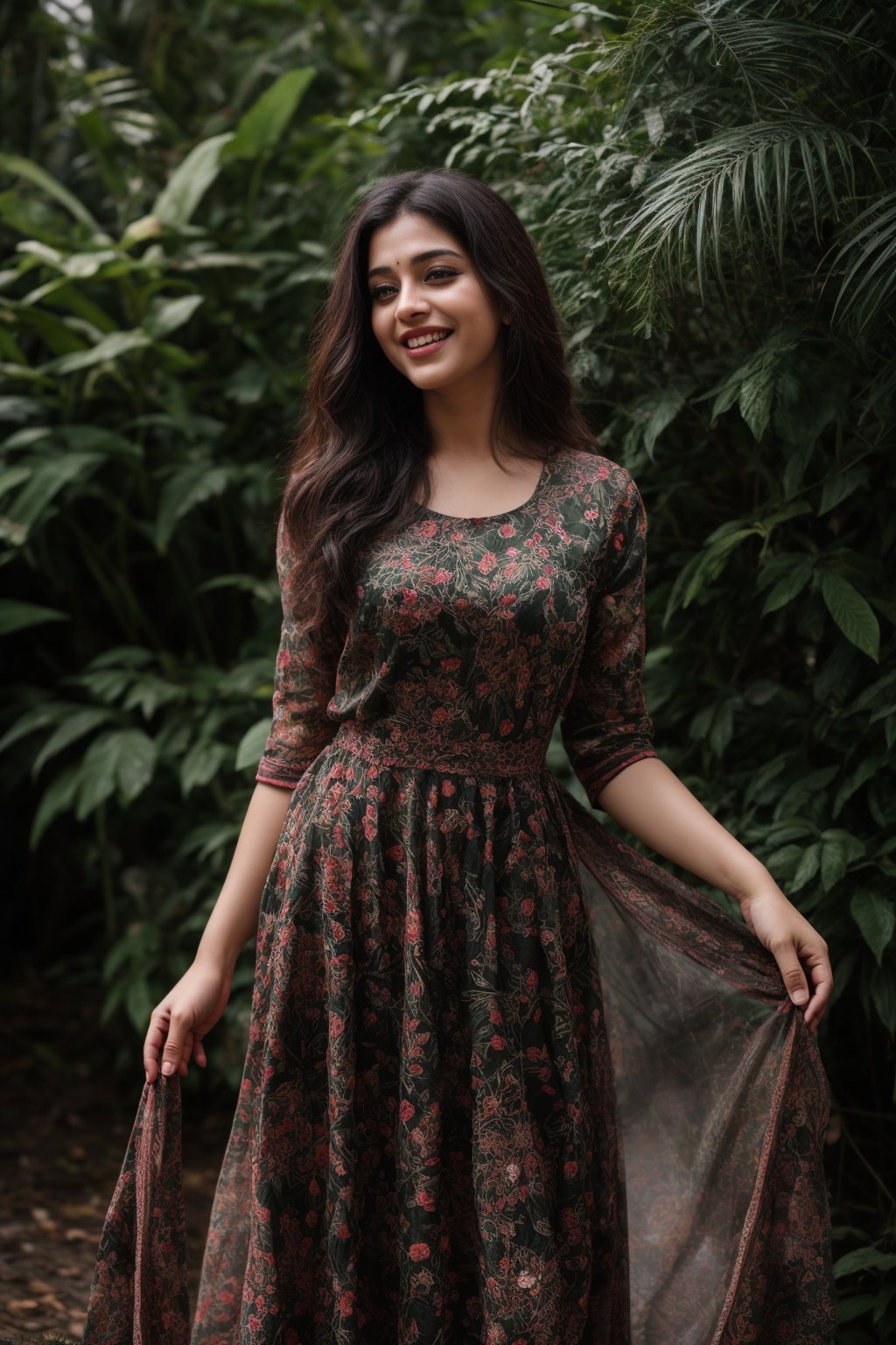 A stunning Kerala beauty poses in a lush botanical garden on a bright, sunny day. She wears a vibrant traditional embroidered dress adorned with intricate black, red, and green patterns, her Brown hair shining under the warm light. Her radiant smile captures the essence of joy as she stands amidst a tapestry of colorful flowers, the gentle breeze rustling the petals in harmony with her carefree laughter.