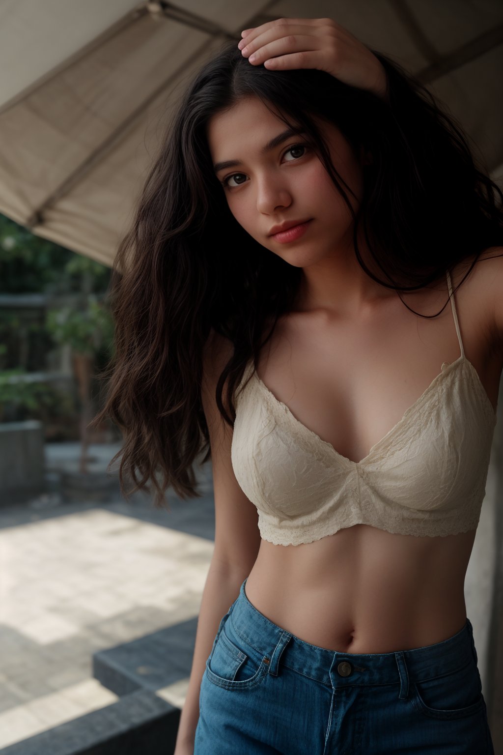 A 15-year-old girl with long brown hair and bright green eyes stands confidently outdoors, her skin glistening from the sunlight. She wears short hot pants and a subtle upper, her lips curled into a gentle smile as she gazes directly at the viewer. A delicate flower adorns her navel, its petals slightly blurred by the camera's focus on her captivating gaze. Her brown hair blows gently in the wind, framing her freckled nose. In the background, a slender branch reaches out, almost touching her shoulder. A slim-fit energy light particle mecha hovers near her head, its sparks and particles dancing around her in shimmering harmony.