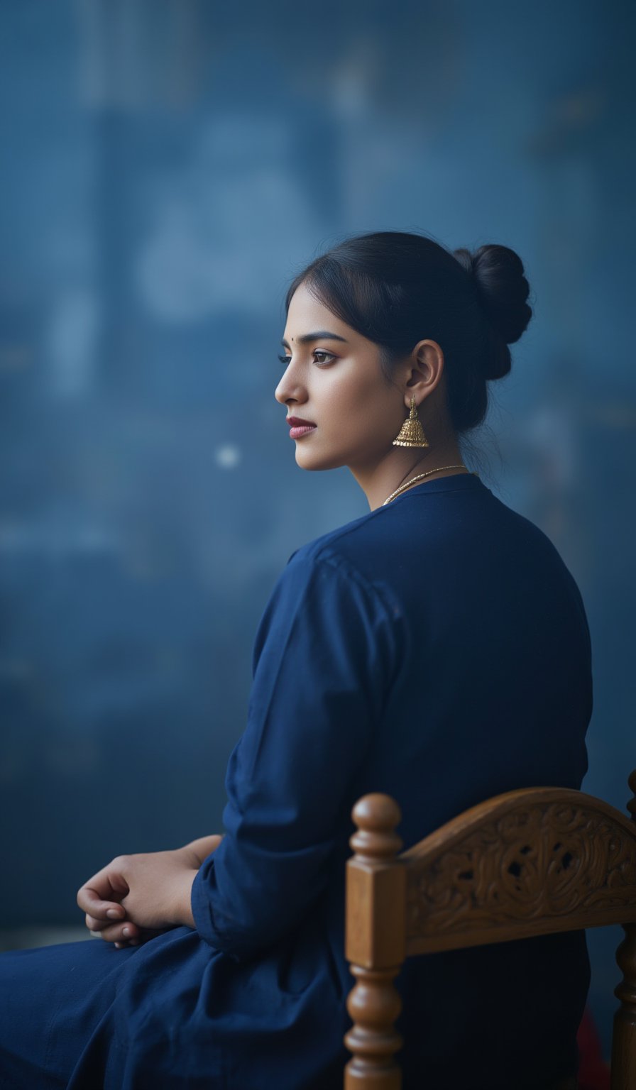 A serene portrait of Mallu beauty, a cool light illuminates her gentle face, framed by a soft focus blurred background. She sits comfortably on a intricately carved wooden stool, her hands folded in her lap. Her eyes, like pools of calm water, gaze softly into the distance, radiating kindness and wisdom.,ആതിര 