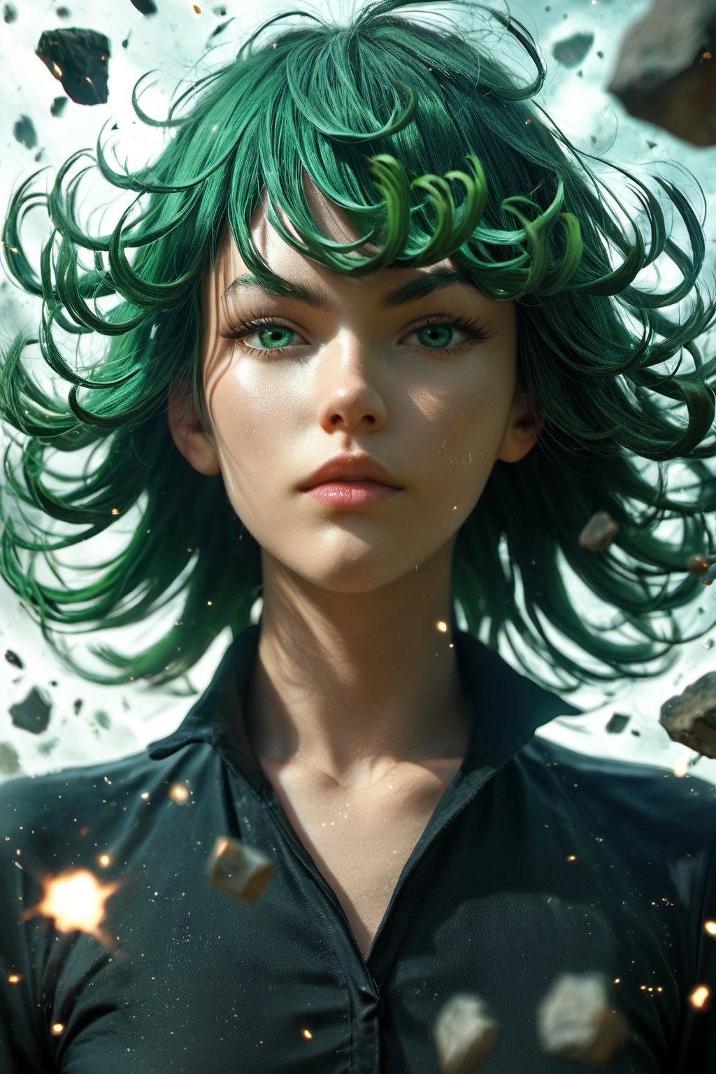 score_9, score_8_up, score_7_up, realistic, lighting, photo, details, real, portrait, 
tatsumaki, one-punch_man, 1girl, green_hair, green_eyes, dust particles, floating debris, aura, 