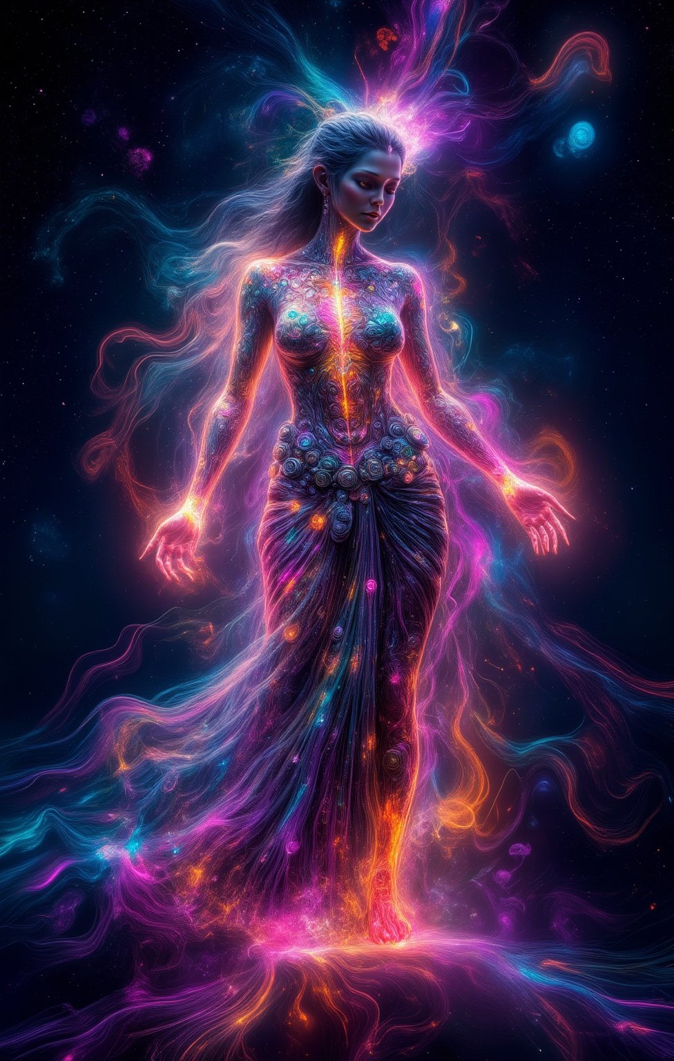 A photorealistic, high-definition image of a woman in a saree, her body glowing with vibrant plasma and emitting energy. The saree flows gracefully, blouse , illuminated by neon hues, as cosmic energy pulses from her form. Captured with cinematic lighting on a Fujifilm camera, her face and figure are rendered in stunning detail. The cosmic backdrop of stars and swirling nebulae adds a surreal, otherworldly atmosphere. The word "PATTAPERUKKI" is elegantly displayed in glowing text, blending with the cosmic energy.,Cosmic