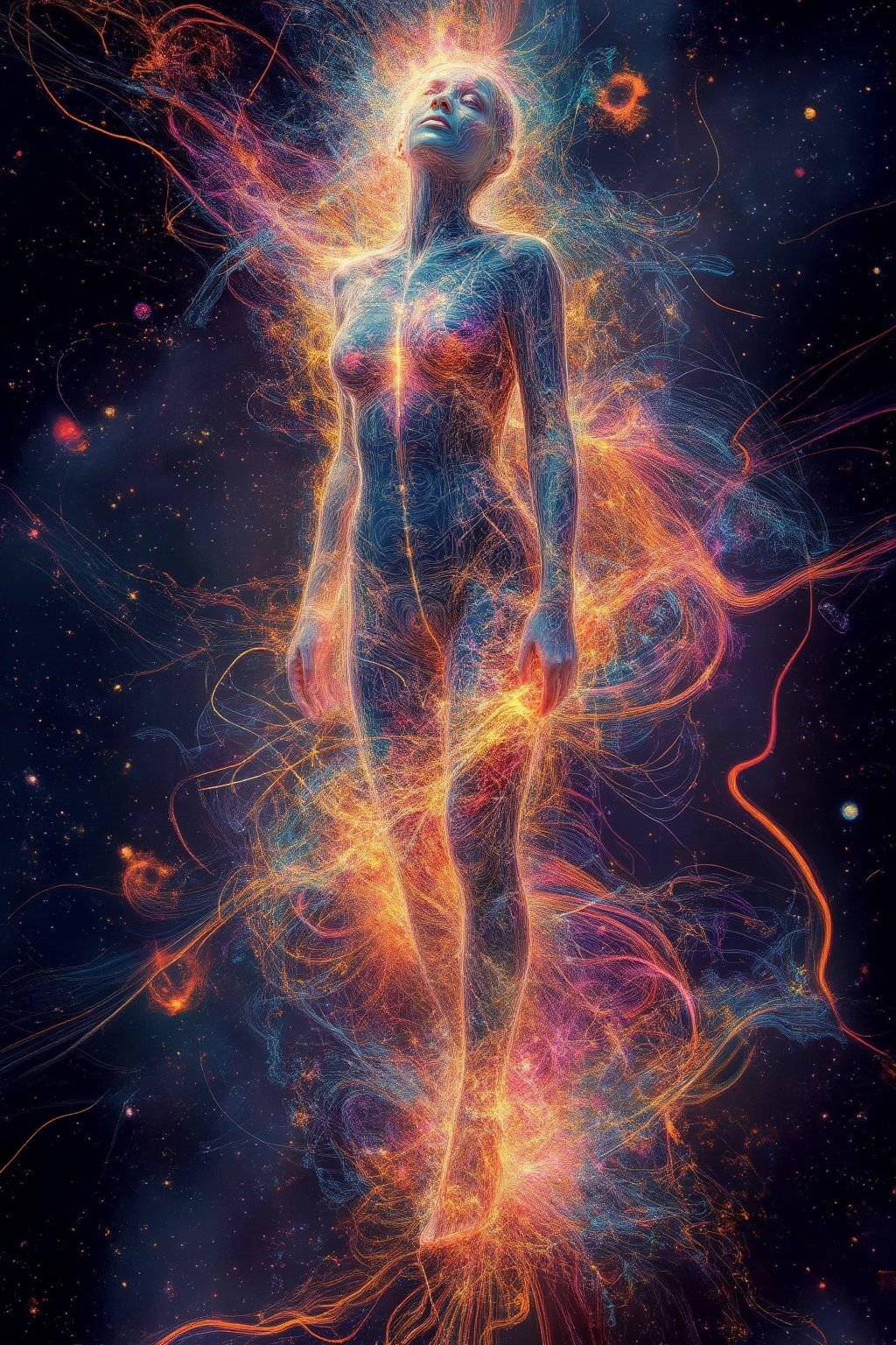 A cosmic vision of a seductive woman, her body emitting radiant energy and glowing plasma. Her form is lifelike and detailed, rendered in ultra-high definition, with her skin reflecting a soft neon glow. Swirling energy fields surround her, as vibrant plasma flows from her body into the cosmic background of stars and galaxies. The overall scene is a masterpiece, blending the sensual beauty of the woman with otherworldly cosmic power.
