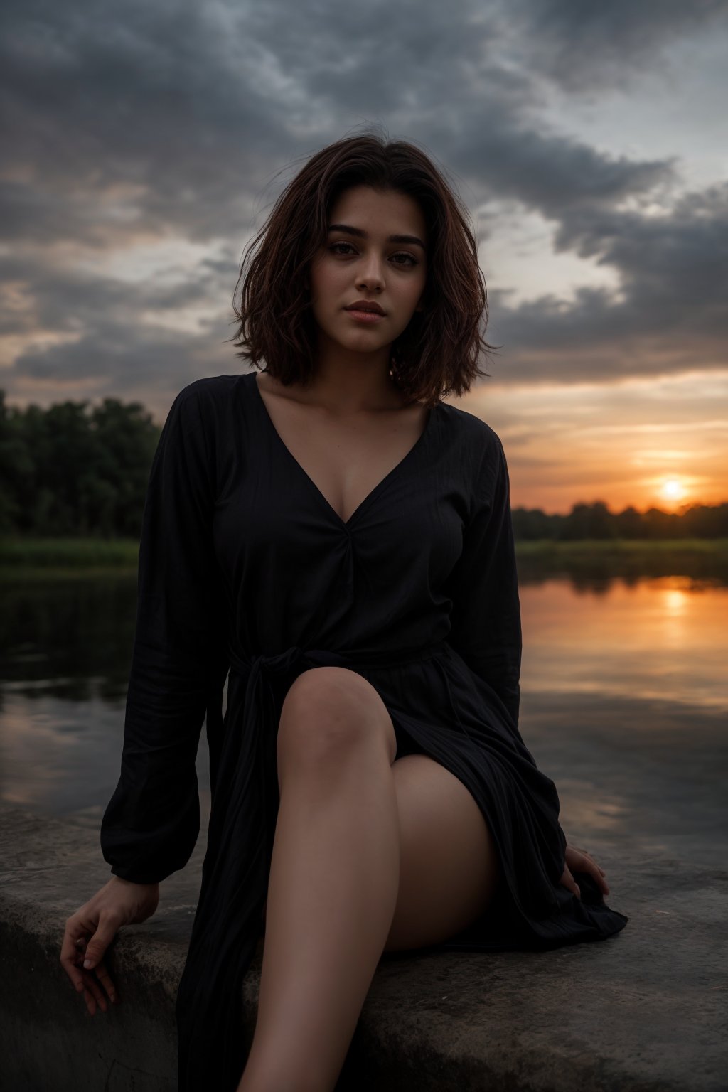 Best work, (Best quality, ,HDR, 8k, 32k, raw photo, photorealistic, UHD:1.2), beautiful 20 year old girl in long black dress at the lakeside in a forest, eyes, pink hair, detailed face, perfect face, pond, dark sky, lights in the background, realism, red sky, detailed sky, realistic clouds, sun, bright environment, late afternoon, sun rays in the clouds