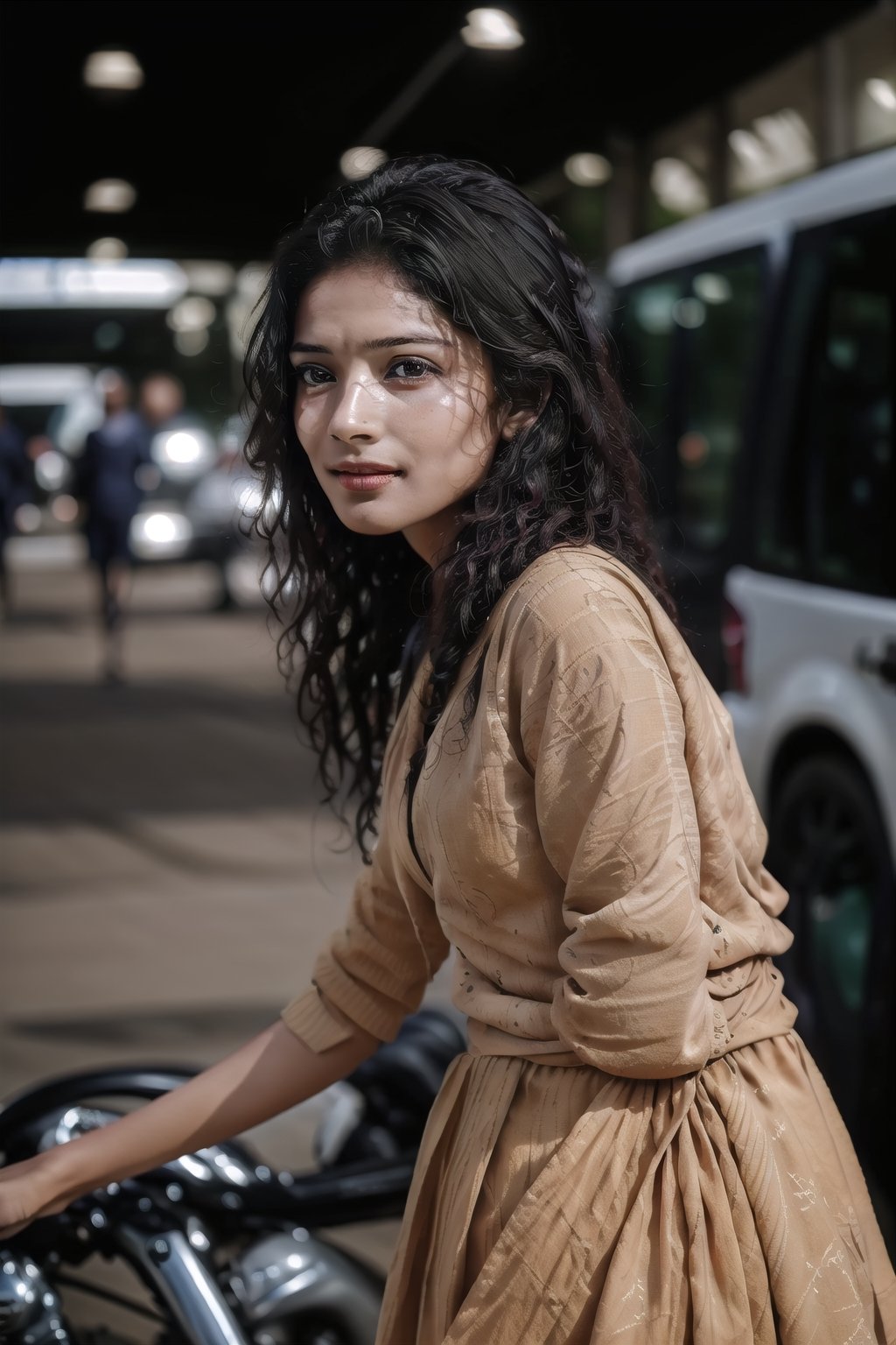 18yo girls road crossing, Crowd city, girls walking , bikes, car, Bus, busy cityCreate an realistic concept centered around a modern indian girl with fair skin with enchanting and timeless beauty. Her expressive eyes are windows to a world of emotion, her captivating smile leaves an indelible mark, and her flowing hair is a visual poetry. Explore how her gentle touch creates an aura that infuses every shared moment with a sense of destiny and magic. Develop the storyline, characters, and the world in which this enchanting girl exists, and let her presence be a driving force behind the themes and narrative. ,Realism, Mallugirl, Thrissur, Very crowded city,photorealistic