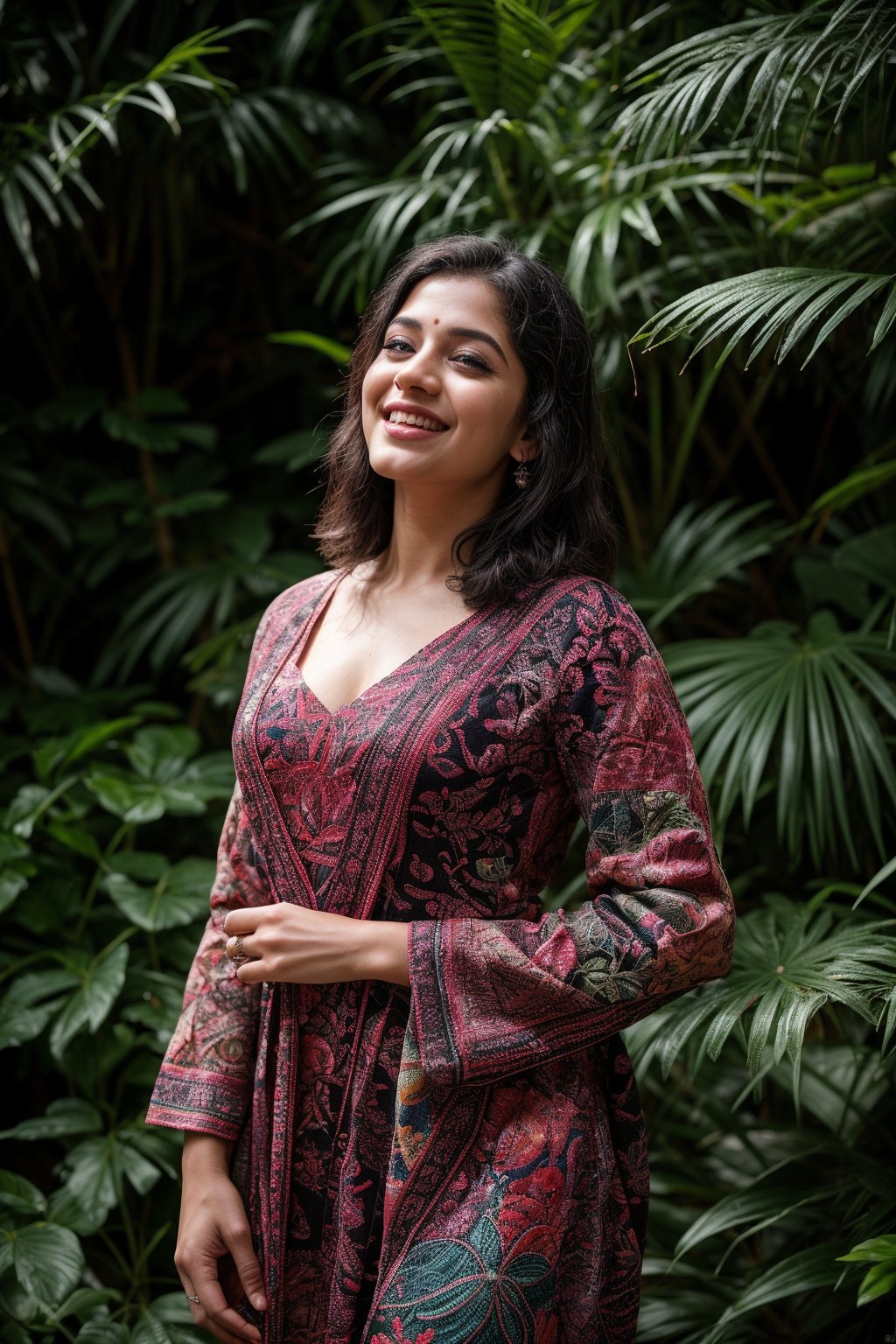 A stunning Kerala beauty poses in a lush botanical garden on a bright, sunny day. She wears a vibrant traditional embroidered dress adorned with intricate black, red, and green patterns, her blonde hair shining under the warm light. Her radiant smile captures the essence of joy as she stands amidst a tapestry of colorful flowers, the gentle breeze rustling the petals in harmony with her carefree laughter.