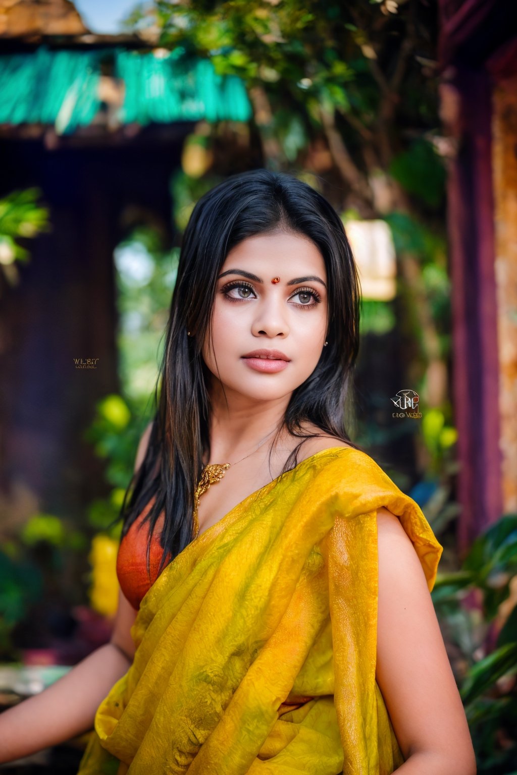 Raw photo of (27yo  Beautiful woman:1.1) (best quality, highres, ultra-detailed:1.2), vibrant colors, red, blue, black, yellow, orange, cinematic colour grading, Moody colour grading, vilot, glowing dimond, glowing eyes, realistic Raw photo, realistic lighting, traditional saree, royal background , traditional Indian house, Indian culture, exotic beauty, exotic beauty, mesmerizing eyes,Mallu ,perfect