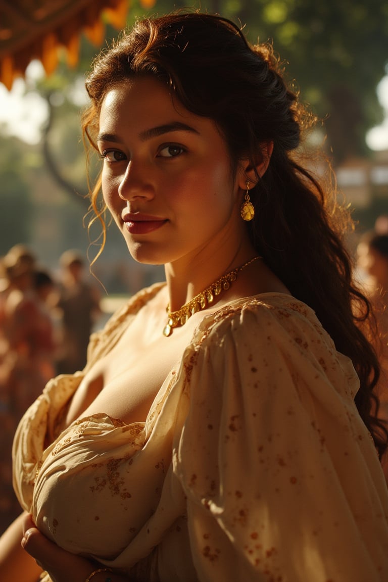 Stunning 8K CG masterpiece captures the essence of the bustling streets of ancient Rome. In the sun, in the light and shadow, a very beautiful woman with fair skin, long flowing hair as soft as silk, and exquisite, luxurious, and precious clothing poses in an authentic street stall. Her delicate face, smart eyes, long and thick eyelashes, and delicate nose are all displayed in detail. Her earrings, bracelets, gold bracelets, and rings seem to have come out of an art museum. Natural light gives her a beautiful glow, making her look even more beautiful. A delicate hand holds the vendor's goods, and her eyes seem to contain the secrets of this ancient city. Shadows dance precisely across the scene, adding depth and dimension to this ultra-detailed, realistic illustration.,16yo,Cinematic ,Realistic.,RAW 

The image is captured using a Fujifilm cinematic camera, with dramatic cinematic lighting enhancing the deep shadows and bright highlights. The scene is shot with a wide aperture, creating a shallow depth of field that blurs the forest background, making her the clear focal point. The camera angle is low, looking slightly upwards to give her an empowering, larger-than-life presence. The textures of the costume and her skin are rendered in high definition, with the soft, natural lighting adding a dreamlike quality to the image.,Midjourney_Whisper,Traditional 