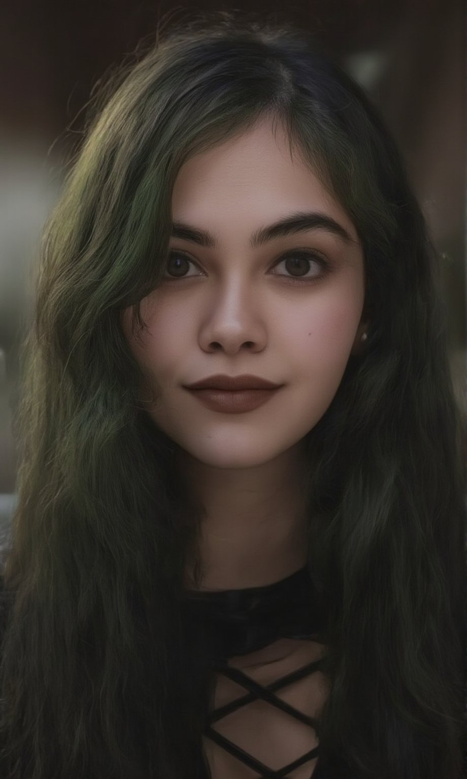 ((top quality)), ((masterpiece)), close portrait of a young gothic chinese girl with a  touch of punky, ((front view,)) With a black velvet unbuttoned shirt, with a rebellious appearance, black shaded eyes, green hair, intricate details, highly detailed light brown eyes, highly detailed mouth, cinematic image, illuminated by soft light,photo of perfecteyes eyes