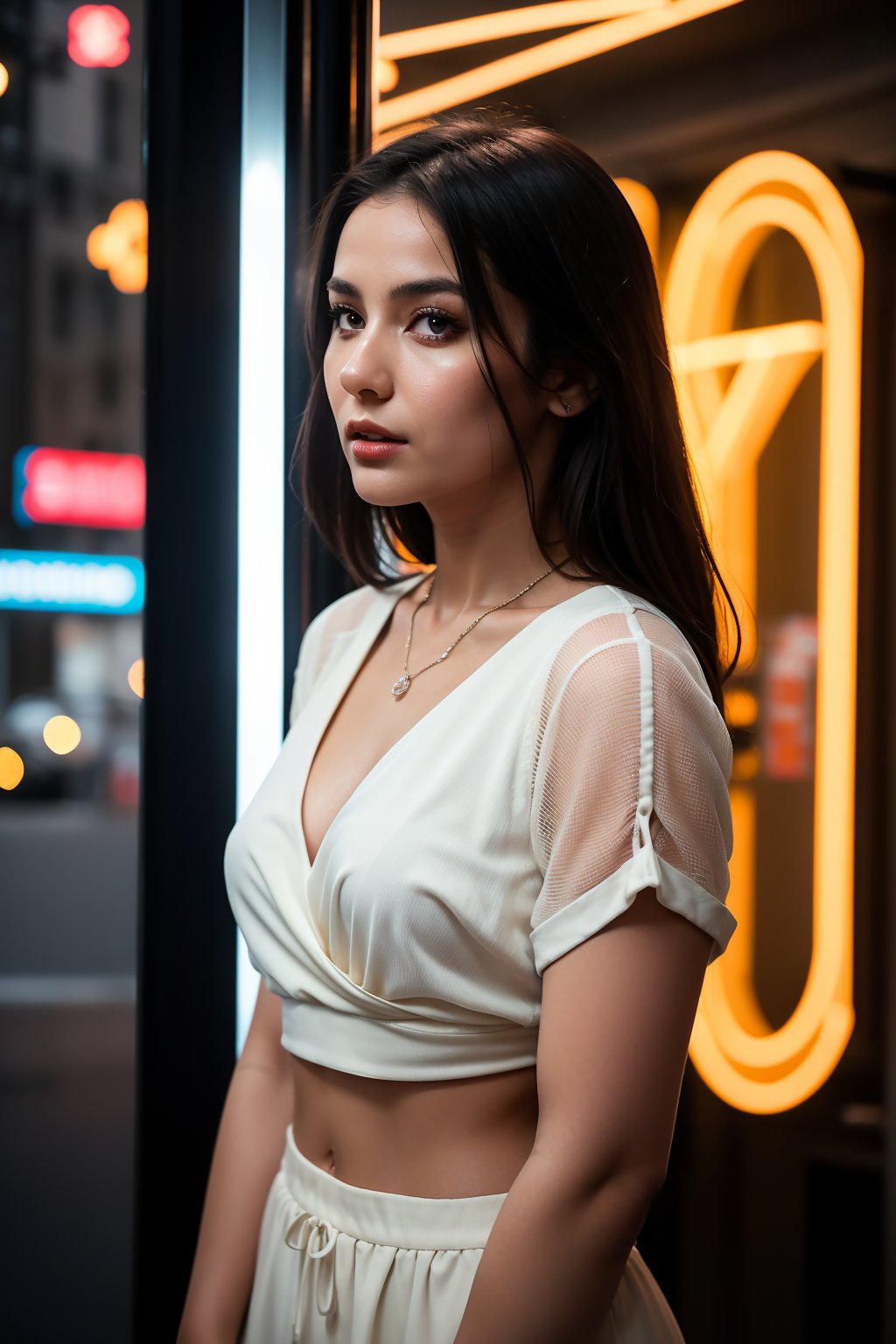 A 28-year-old woman with plump features stands majestically in a dimly lit room,  bathed in neon lights and glowing accents. The Fujifilm camera captures every detail, showcasing vibrant colors and mesmerizing eyes radiating an inner light. She wears a blouse:1.4,  gown:1.4, exposed_midriff, accessorized by a gleaming diamond pendant, the futuristic setting. The photorealistic lighting and composition,28yo girl 