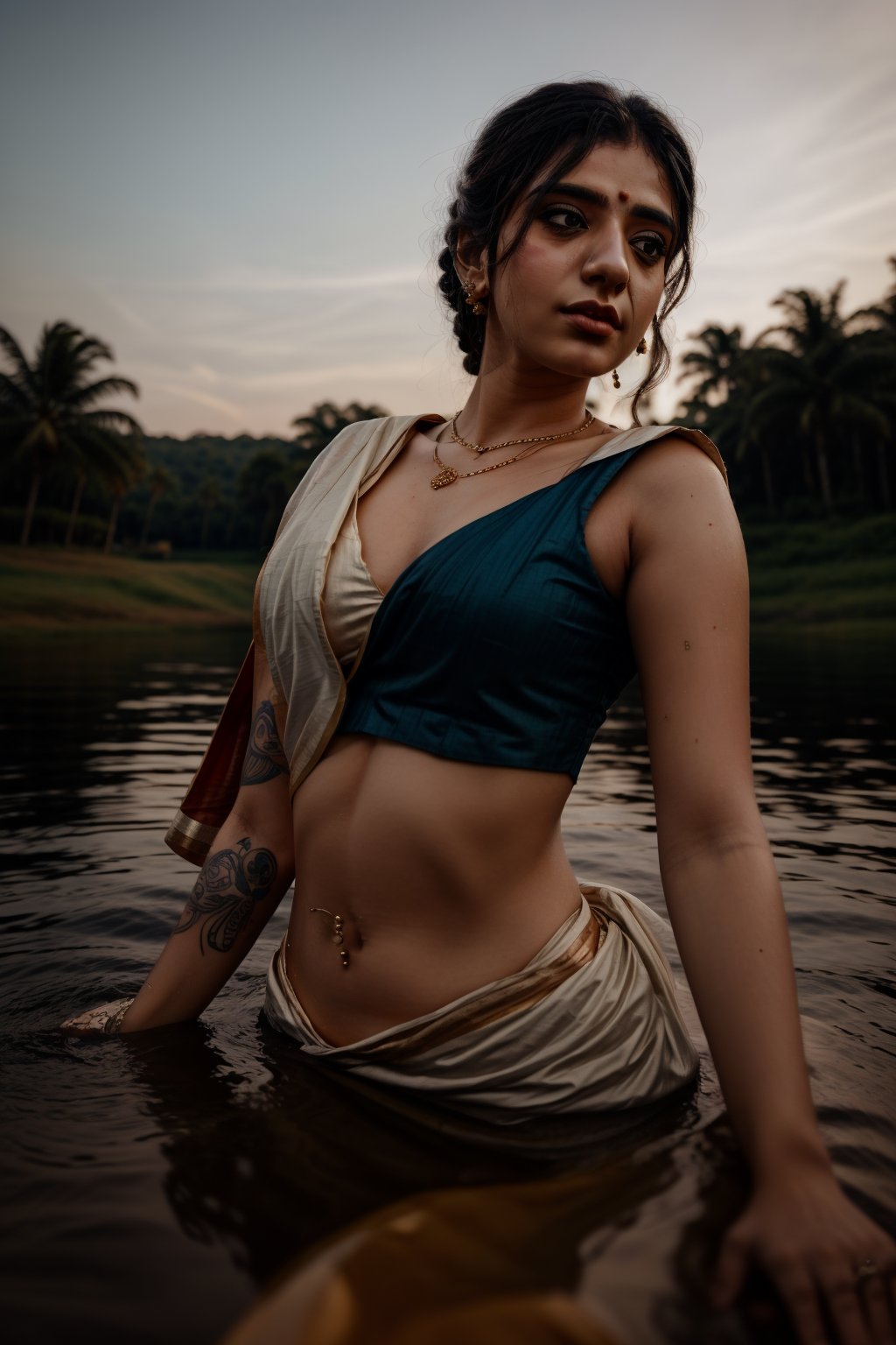 1girl, accessories, piercing , lip piercing , misterious, masterpiece, best quality, dynamic angle, cinematic composition, lehenga,  tattoo 