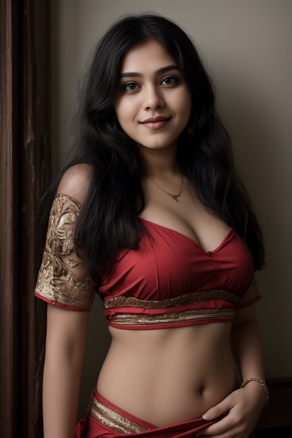 A beautiful Indian woman wearing a traditional saree, draped in a style that reveals her midriff and navel. The saree is richly colored and adorned with intricate patterns and embroidery, with a matching blouse (choli) that has short sleeves and a deep neckline. The pallu of the saree is gracefully draped over her shoulder, falling softly to one side, while her navel is tastefully visible where the saree is wrapped around her waist. She is adorned with traditional jewelry, including a maang tikka, jhumka earrings, a nose ring, bangles, and anklets. Her skin has a warm tone, and her long, dark hair is styled either in a loose braid or cascading waves. The setting is softly lit, focusing on her elegant pose and the cultural richness of her attire, with warm, natural lighting that enhances the details of the fabric and her jewelry.
