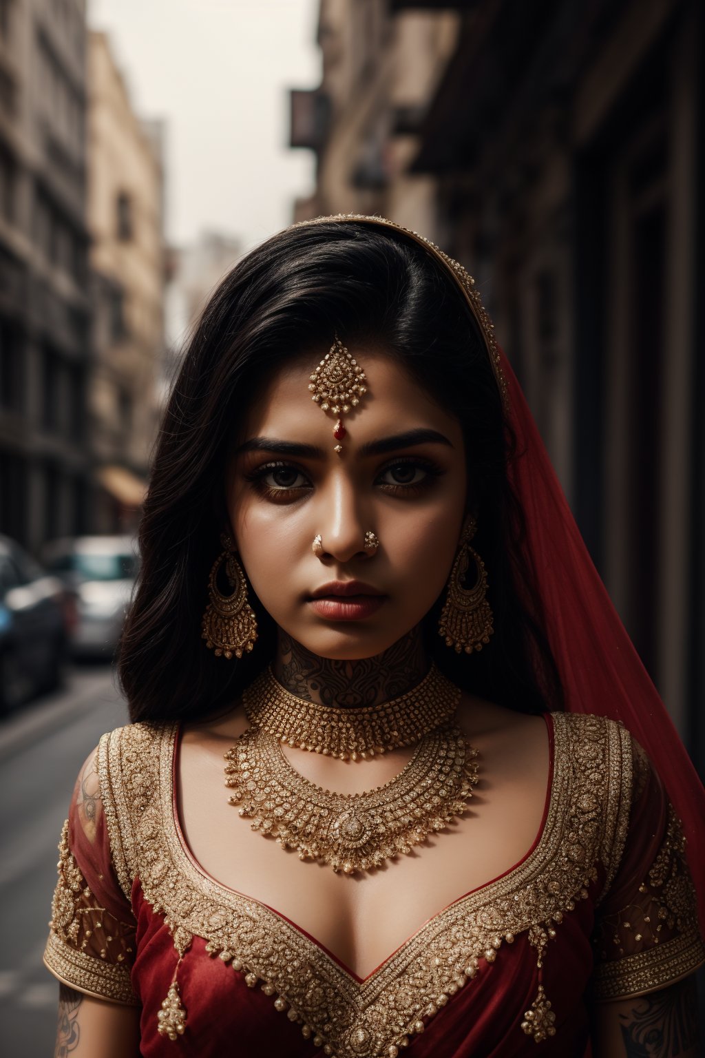 1girl, accessories, piercing , lip piercing , misterious, masterpiece, best quality, dynamic angle, cinematic composition, lehenga,  tattoo 