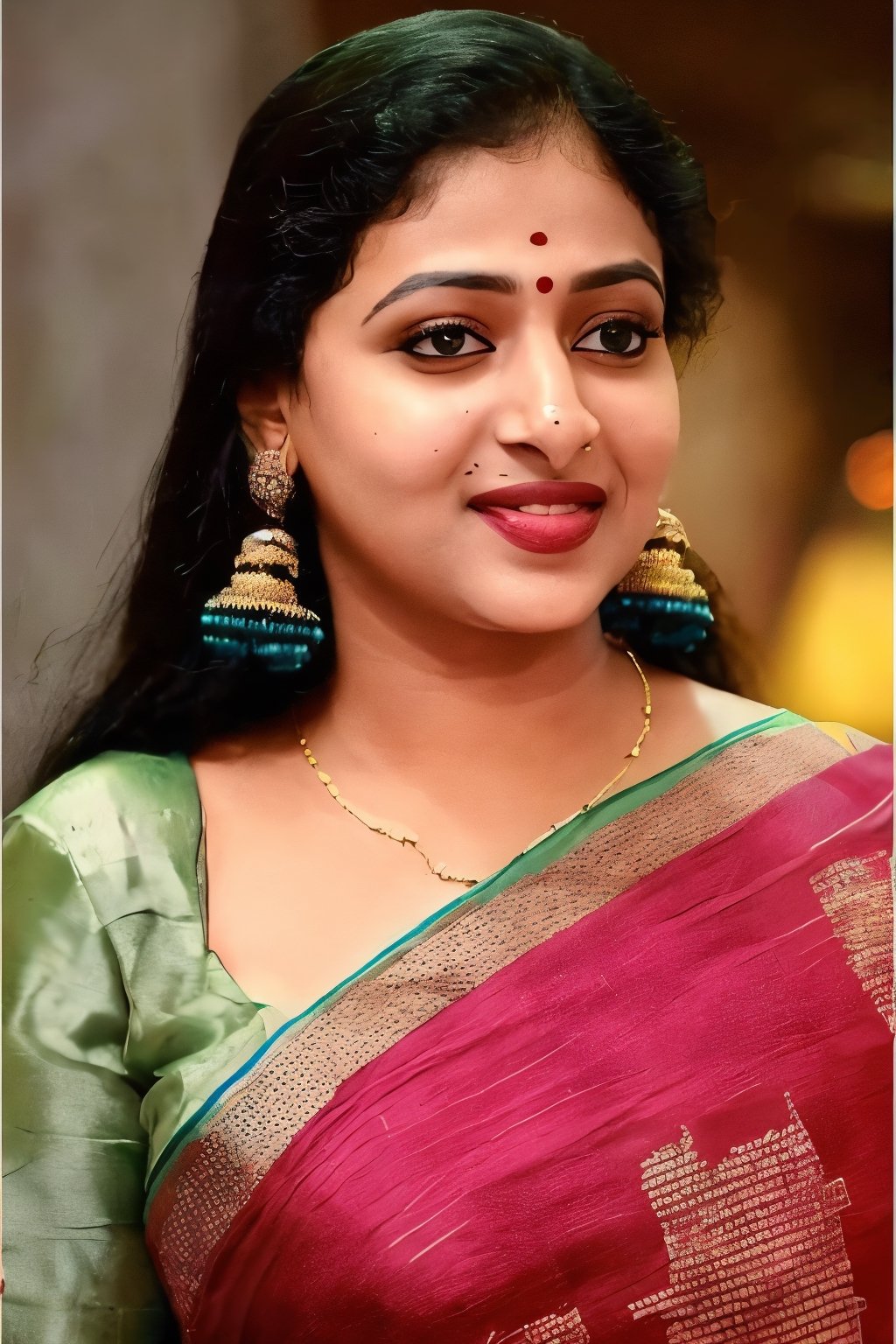 Anu sithara one women:1.3), 
, (sexy navel:1), seducing pose,  standing in dark street at night,29yo,dishelved black hair,jewelry,(saree),(colorful) BREAK looking at viewer,(masterpiece, best quality, ultra-detailed, 8K),anusithara,FFIXBG