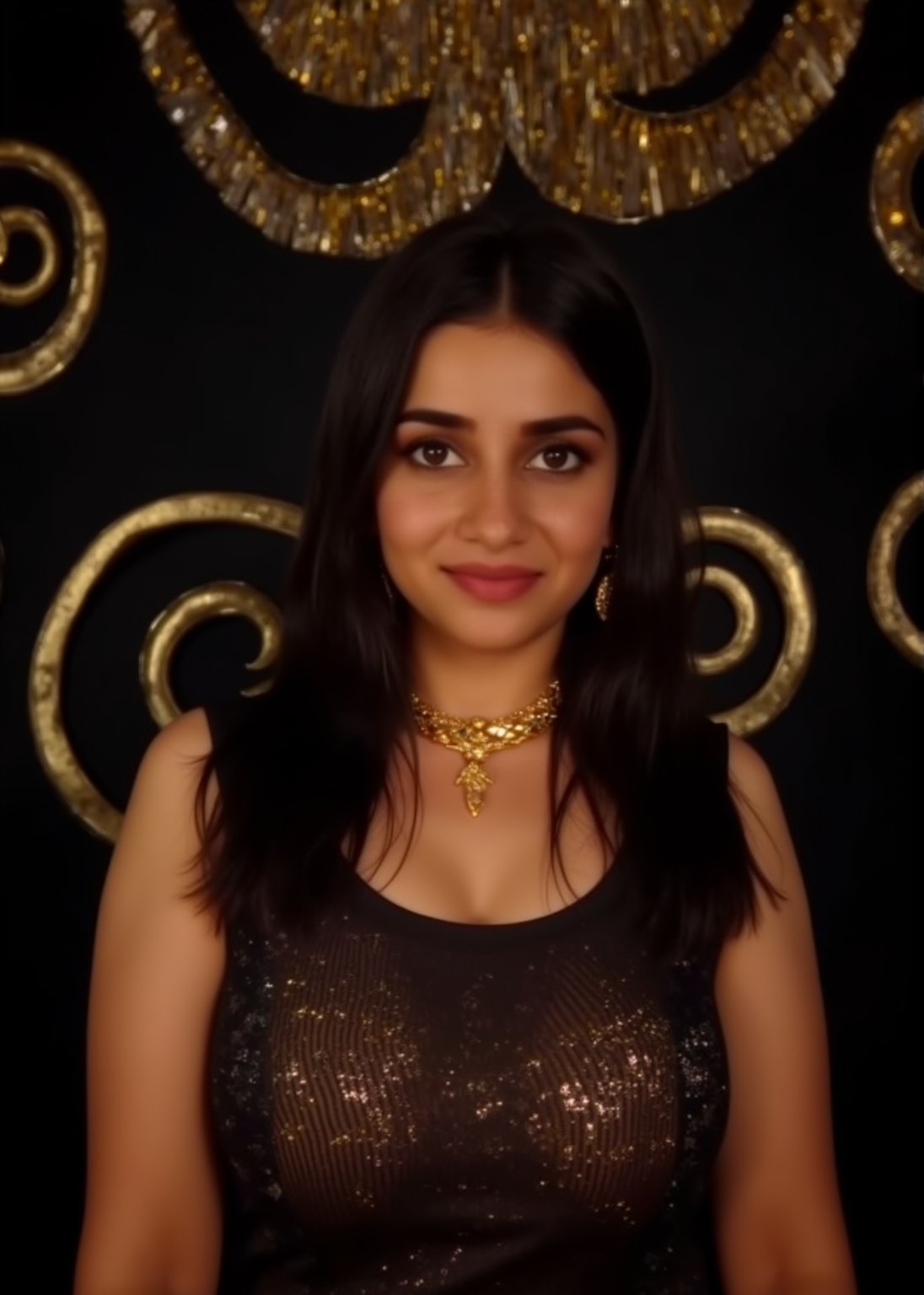 a beautiful  woman stands in front of a dark backdrop, adorned with a gold necklace and earrings. She is dressed in a sleeveless black dress with a brown and gold pattern. Her hair is long and cascades down to her shoulders, framing her face. The backdrop is adorned with gold swirling designs, adding a touch of luxury to the scene. The lighting is subdued, creating a stark contrast to the dark backdrop.,Sahana15 