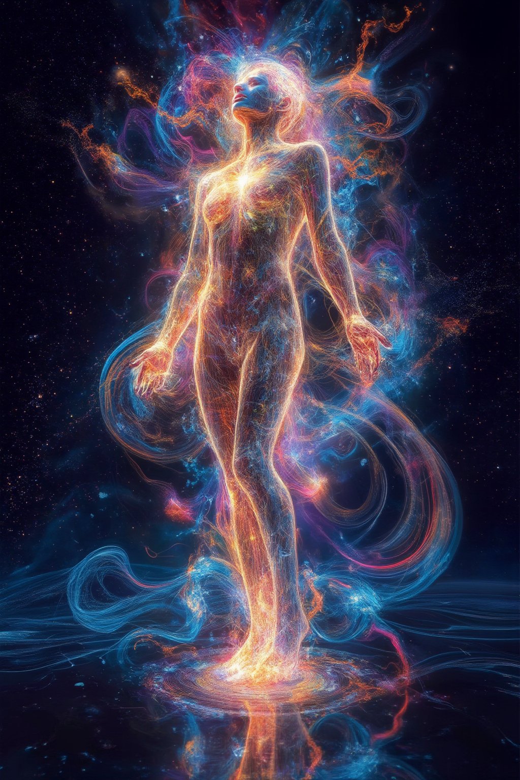 A cosmic vision of a seductive woman, her body emitting radiant energy and glowing plasma. Her form is lifelike and detailed, rendered in ultra-high definition, with her skin reflecting a soft neon glow. Swirling energy fields surround her, as vibrant plasma flows from her body into the cosmic background of stars and galaxies. The overall scene is a masterpiece, blending the sensual beauty of the woman with otherworldly cosmic power.
