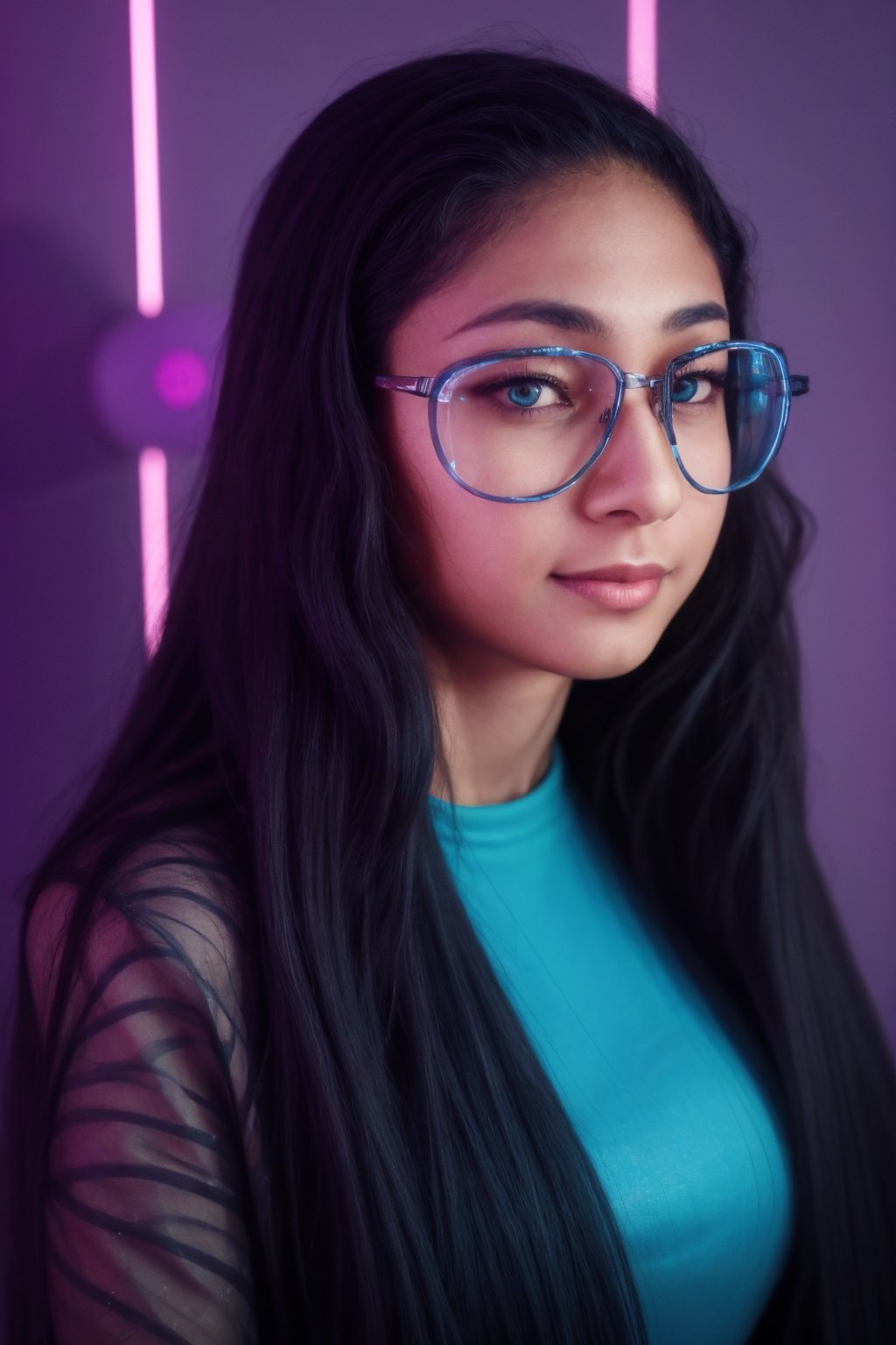 (best quality, 4k, 8k, highres, masterpiece:1.2), ultra-detaile, neon cables, gears, transparent body, mechanical details, glowing eyes, reflective surface, subtle reflections, ethereal, luminous, metallic highlights, sci-fi, futuristic, neon lights, blue and purple color palette, dynamic lighting,Mallu girl,photo r3al,Brown tone Beauty,cyberpunk glasses,realistic 
