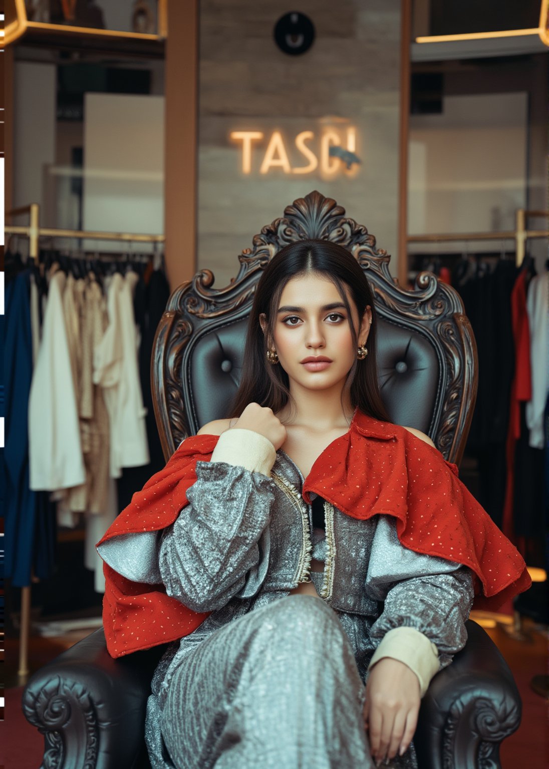 A modern, beautiful woman sits elegantly on a throne inside a stylish boutique shop. The background features a wall with the shop's name "TACHI" clearly visible. So many cloth in shop, ladies cloth, She exudes confidence and sophistication, with her fashionable attire complementing the luxurious ambiance of the boutique. The shop is decorated with sleek, contemporary designs, and the lighting highlights both the woman and the shop's details. The throne she sits on is ornate yet modern, blending seamlessly with the chic atmosphere of the store.

This breathtaking photograph, shot on a Canon 1DX with a 50 mm f/2.8 lens, beautifully showcases the raw and authentic beauty of life. high resolution 8k image quality,

The image is captured using a Fujifilm cinematic camera, with dramatic cinematic lighting enhancing the deep shadows and bright highlights. making her the clear focal point. The camera angle is low, looking slightly upwards to give her an empowering, larger-than-life presence. The textures of the costume and her skin are rendered in high definition, with the soft, natural lighting adding a dreamlike quality to the image.