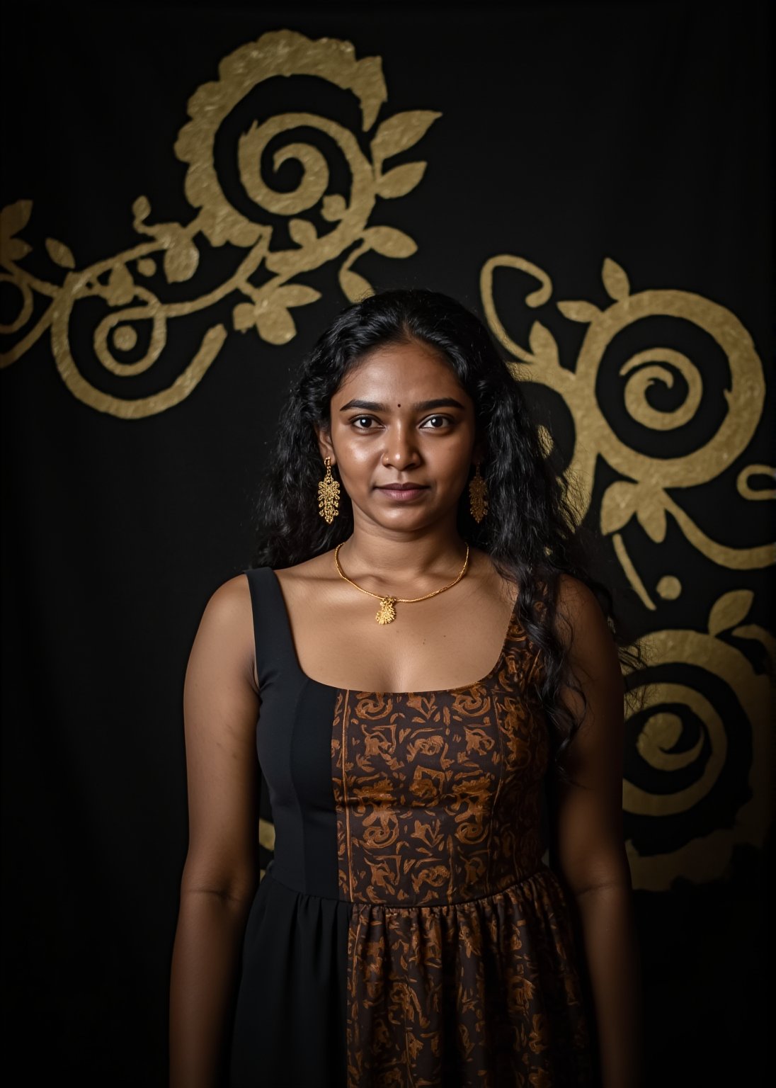 a beautiful  woman stands in front of a dark backdrop, adorned with a gold necklace and earrings. She is dressed in a sleeveless black dress with a brown and gold pattern. Her hair is long and cascades down to her shoulders, framing her face. The backdrop is adorned with gold swirling designs, adding a touch of luxury to the scene. The lighting is subdued, creating a stark contrast to the dark backdrop.,Sahana15 