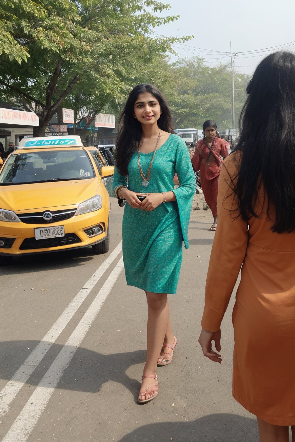 School girls road crossing, Crowd city, girls walking , bikes, car, Bus, busy cityCreate an realistic concept centered around a modern indian girl with fair skin with enchanting and timeless beauty. Her expressive eyes are windows to a world of emotion, her captivating smile leaves an indelible mark, and her flowing hair is a visual poetry. Explore how her gentle touch creates an aura that infuses every shared moment with a sense of destiny and magic. Develop the storyline, characters, and the world in which this enchanting girl exists, and let her presence be a driving force behind the themes and narrative. 
,Realism,Mallugirl,Thrissur,Very crowded city,round ass