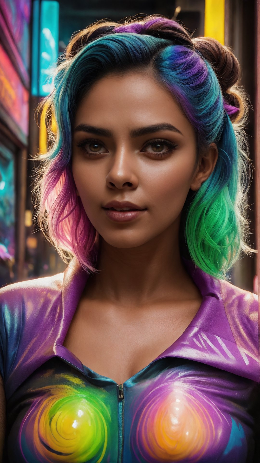 1girl, A mesmerizing female cyberpunk street artist, creating a vivid and detailed holographic mural in a neon-lit urban alley, ([Heidi Klum|Shakira|Bridget Moynahan]:0.8), closeup, Amazing fine detail, glowing eyes, [(colorful explosion psychedelic paint colors:1.21)::0.15], detailed background, round cute face, green eyes, detailed clothes, skinny, shinny glossy skin, subsurface scattering, (gothic:0.8), double bun, bangs, frills, skirt, Nikon D850 film stock photograph Kodak Portra 400 camera f1.6 lens, rich colors, lifelike texture, dramatic lighting, unreal engine, trending on ArtStation, cinestill 800 tungsten, masterpiece, best quality, shiny,Beard man