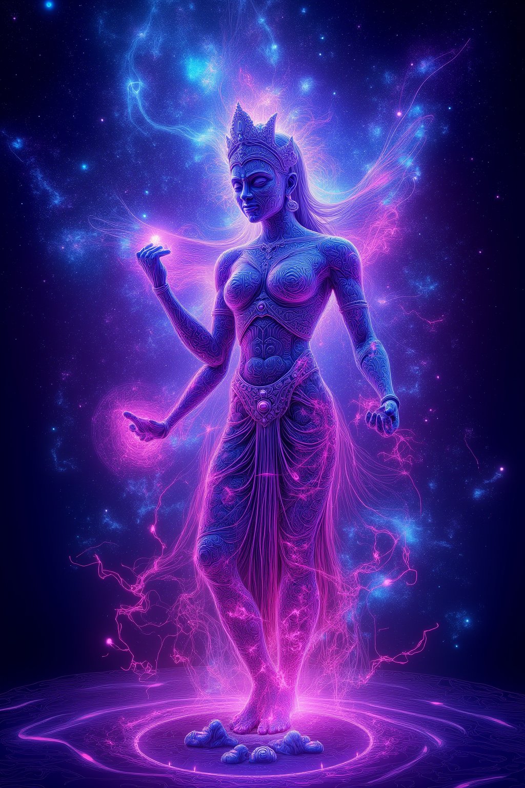 A cosmic depiction of Goddess Lakshmi, her body glowing with neon light and ultraviolet hues. Energy radiates from her divine form, showing a mix of rage and power. Surrounded by cosmic nebulae, her figure is illuminated in vibrant blues, purples, and pinks. She stands as a sensual, seductive Kamasutra goddess, her glowing, ethereal presence exuding divine sensuality and cosmic energy.
