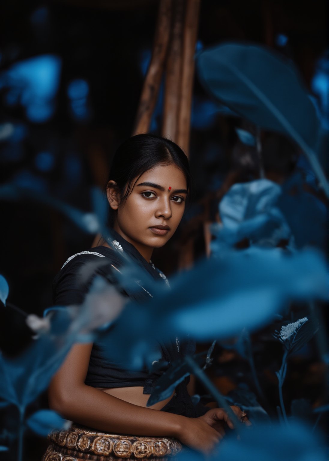 A serene portrait of Mallu beauty, a cool light illuminates her gentle face, framed by a soft focus blurred background. She sits comfortably on a intricately carved wooden stool, her hands folded in her lap. Her eyes, like pools of calm water, gaze softly into the distance, radiating kindness and wisdom.,ആതിര 