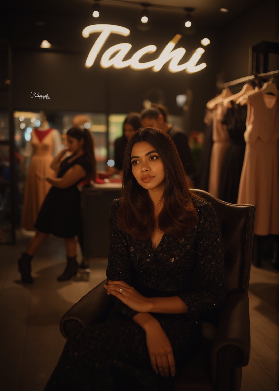 A beautiful woman, dressed in high fashion, sits on a throne in a luxurious boutique shop, surrounded by perfect cinematic lighting. Behind her, the shop's name "Tachi" is displayed in oversized glowing letters, commanding attention. Girls in the background casually explore the dresses on display. The scene highlights both the elegance of the boutique and the glowing, bold shop name.,Tanyx