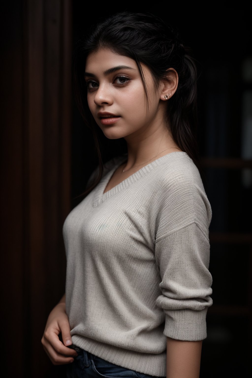 A serene portrait of a young girl with striking features. The shot is framed against a neutral background, allowing her to take center stage. Her long, raven-black hair cascades down her back in two delicate twin braids, which perfectly complement her piercing black eyes. A soft, cozy sweater adorns her torso, adding a touch of warmth to the overall mood. Her lips are painted with a subtle shade that adds a hint of sweetness to her enigmatic expression. The lighting is gentle and natural, casting a flattering glow on her porcelain skin.