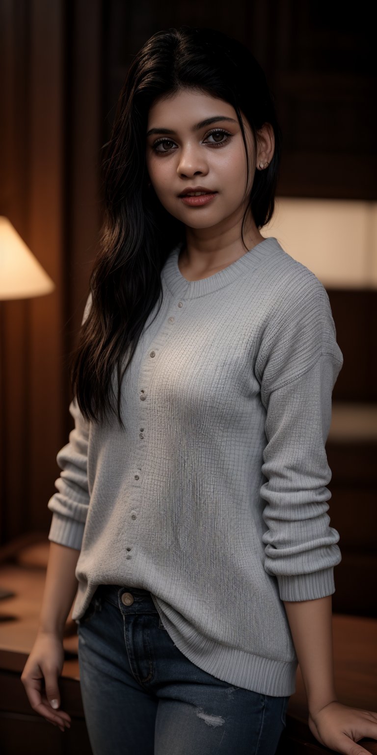 A serene portrait of a young girl with striking features. The shot is framed against a neutral background, allowing her to take center stage. Her long, raven-black hair cascades down her back in two delicate twin braids, which perfectly complement her piercing black eyes. A soft, cozy sweater adorns her torso, adding a touch of warmth to the overall mood. Her lips are painted with a subtle shade that adds a hint of sweetness to her enigmatic expression. The lighting is gentle and natural, casting a flattering glow on her porcelain skin.