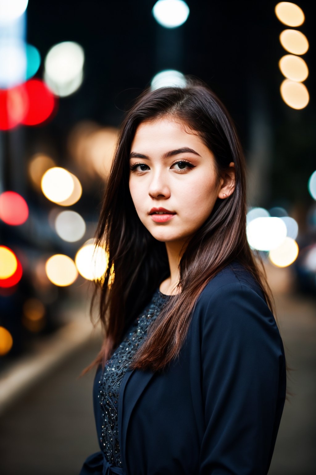 instagram photo, closeup face photo of 18 y.o swedish woman in dress, beautiful face, makeup, night city street, bokeh, motion blur
,Plump