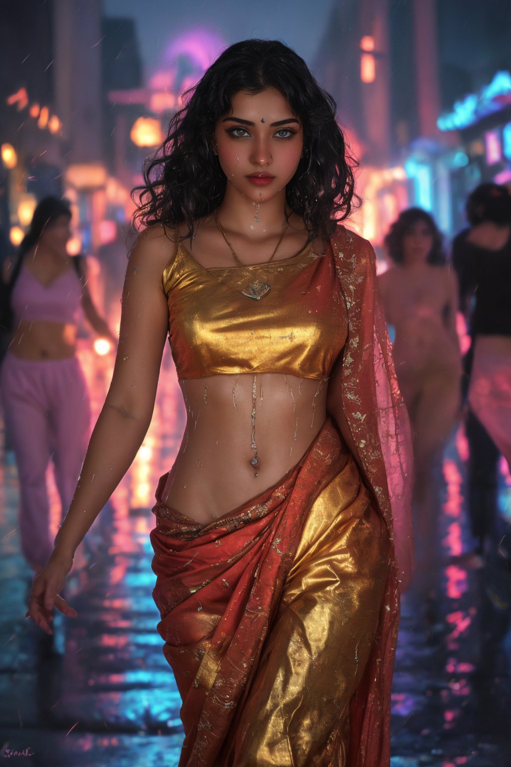 Heart_navel_cutout, Light particle spark, motion light, water drops, wet,Raw photo of (25yo Beautiful young woman:1.1) (best quality, highres, ultra-detailed:1.2), vibrant colors, glowing dimond, glowing eyes, realistic Raw photo, realistic lighting, traditional Red saree,  exotic beauty, mesmerizing eyes, girl,slim fit,Curly hair women,Mallu curly hair,Mallu,Light particle