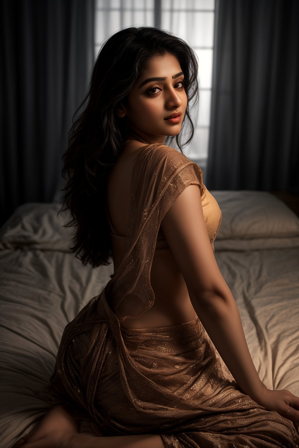 A stunning Mallu beauty poses against a warm-toned backdrop in a cinematic photo. Soft sidelighting enhances her features, while vibrant colors (1.3) and high contrast (HDR:1.2) create depth. Her long, flowing hair cascades down to thigh level, framing her face. Exquisite details and textures are captured in 16K resolution, with a realistic (photo-realistic:1.1) quality that's almost three-dimensional. The overall mood is warm and inviting, with ambient lighting adding to the sense of intimacy.