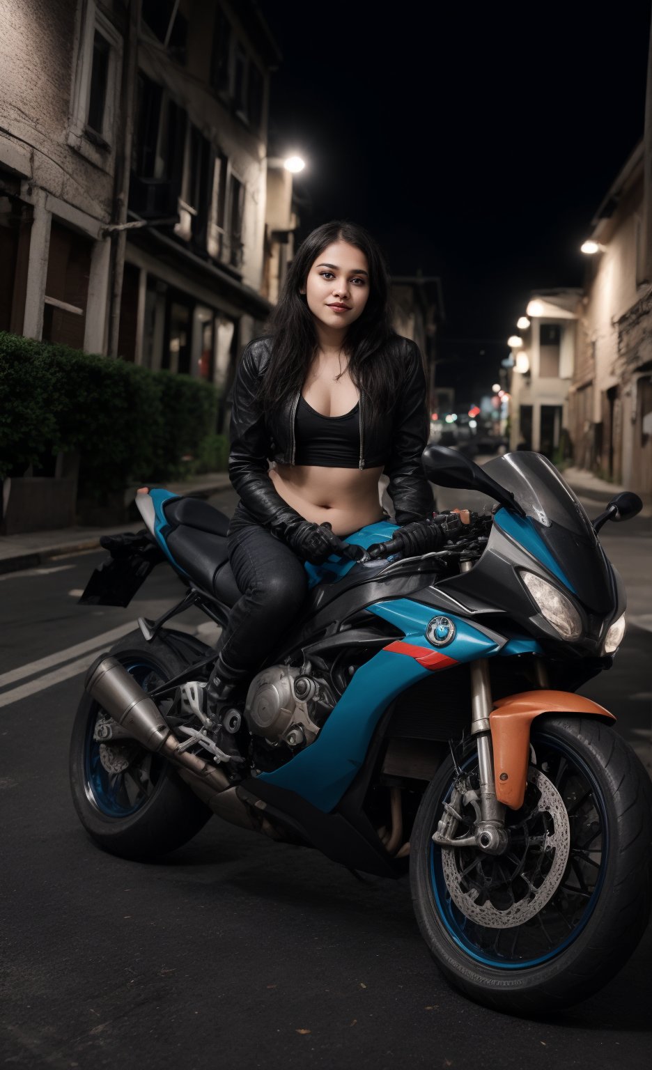 A stunning Malayali woman with short hair, dressed in a modern, stylish outfit that exposes her midriff. She is confidently riding a BMW S1000RR motorcycle, captured in a realistic, high-definition photography style. The woman has an expressive face, reflecting excitement and thrill as she rides the bike. Her outfit is contemporary, perhaps a crop top paired with high-waisted jeans or a leather jacket, fitting the sleek and bold vibe of the scene.

The image is color graded in a cinematic style, reminiscent of the Matrix movie, with a strong teal and orange color palette that enhances the intensity of the scene. The lighting creates a dramatic effect, highlighting the contours of her face and the shine of the motorcycle. The background is slightly blurred to emphasize motion, but still hints at an urban environment. The overall composition exudes a sense of modernity, freedom, and adventure, with the woman and the bike as the focal points. Perfect bike size, 
