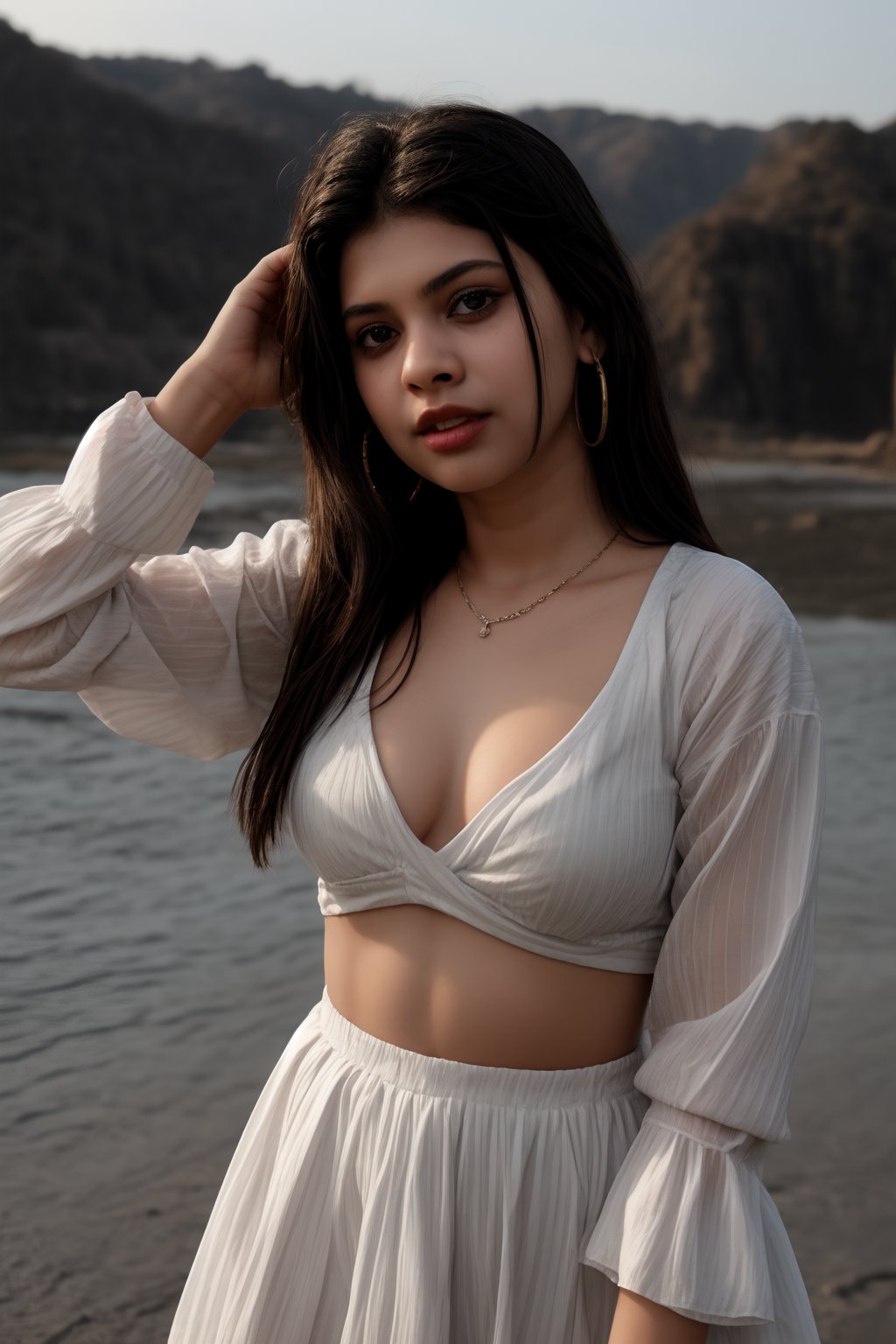 A sultry Mallu girl, 18 years old, with striking twin tails and long hair, gazes directly at the viewer. Her outfit features a modern dress with a heart-shaped cleavage cutout, a full-sleeve shirt, and short trousers. Her upper body is the focal point, with navel exposed. A delicate necklace adorns her neck, complemented by hoop earrings. Red-framed specs add a pop of color to her striking black eyes and luscious lips. The night background sets the tone for this captivating scene, where her dress's heart cutout cleavage takes center stage.