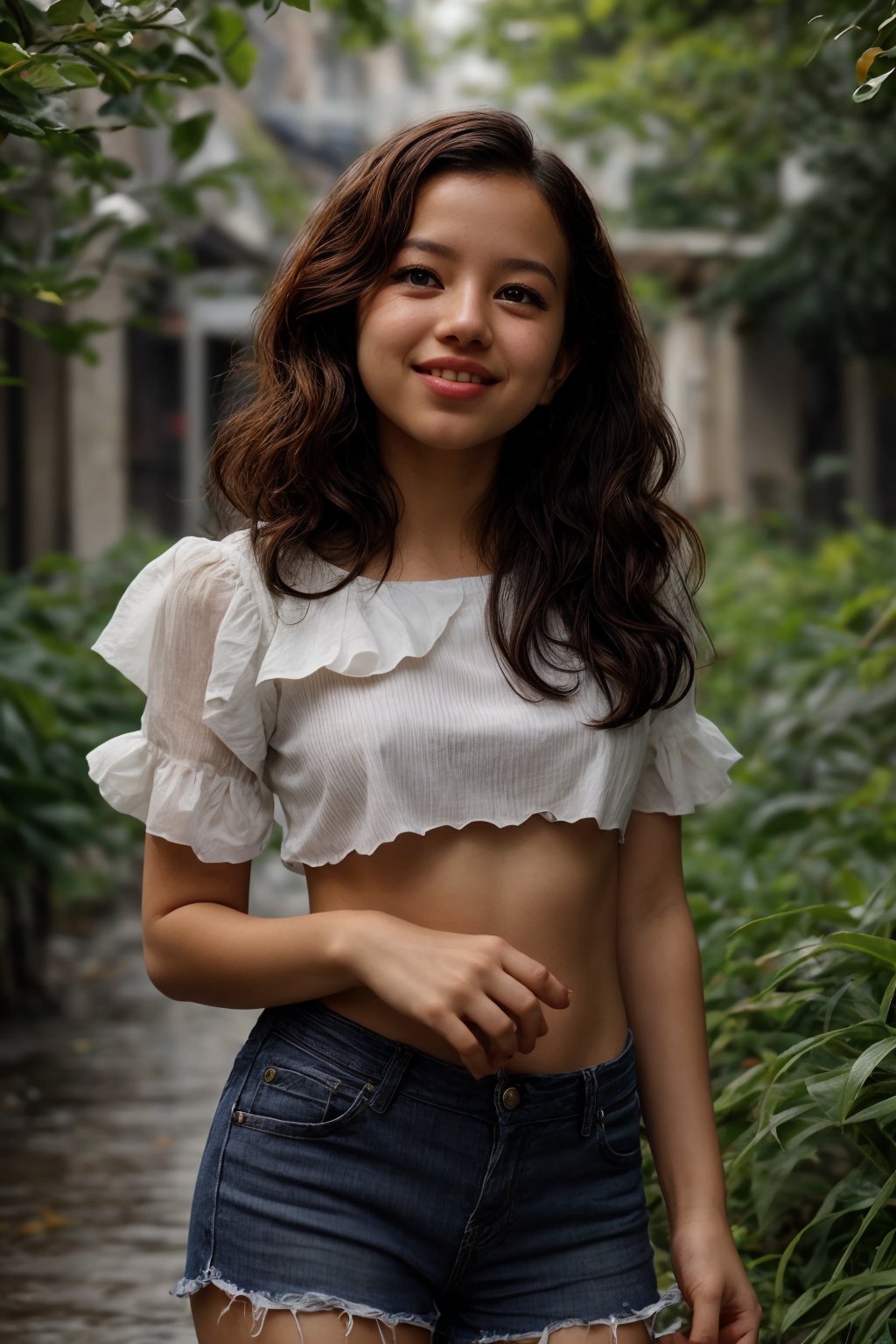 A young woman with long brown hair and bright green eyes stands confidently outdoors, her wet skin glistening in the sunlight. She wears short hot pants and a subtle upper,  her parted lips curled into a gentle smile. A delicate flower adorns her navel, its petals slightly blurred by the camera's focus on her captivating gaze. A few freckles scatter across her nose as she gazes directly at the viewer, her brown hair blowing gently in the wind. In the background, a branch reaches out, its slender limbs almost touching her shoulder. A slim fit energy light particle mecha hovers near her head, its sparks and particles dancing around her in shimmering harmony.