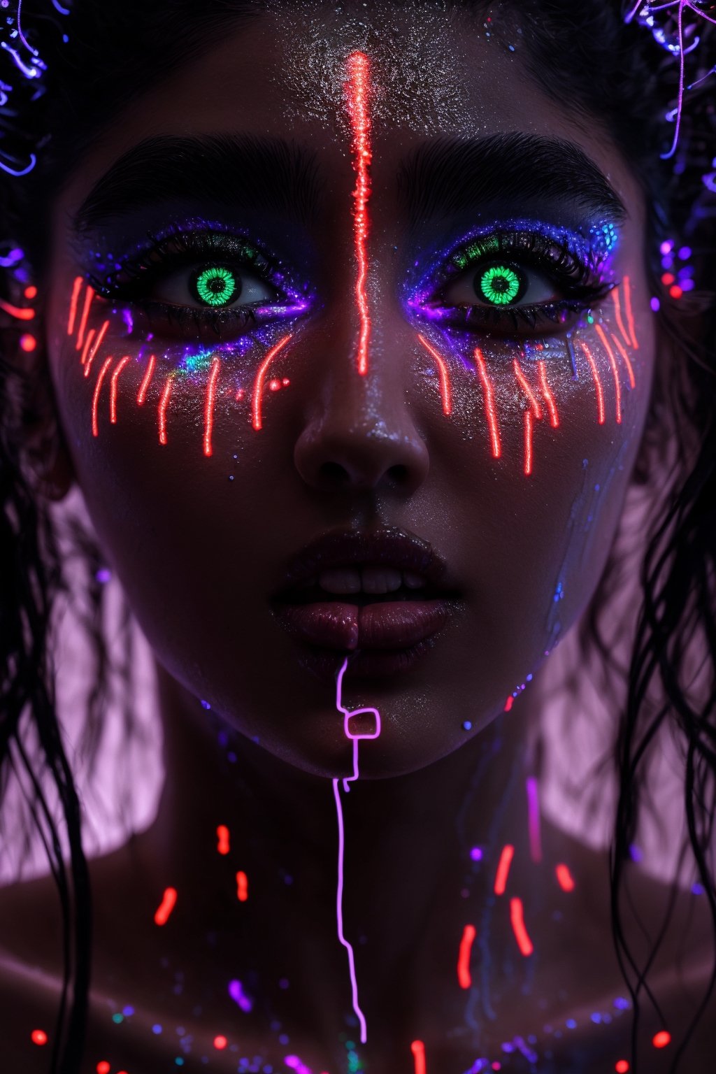 ((Beautiful women)), best quality,  8k,  ultra-detailed,  realistic:1.37,  vibrant colors,  vivid shading,  breathtaking portrait of an alien shapeshifter entity,  mesmerizing eyes,  intricate facial details,  otherworldly skin texture,  insane smile,  unnerving and intricate complexity,  surreal horror atmosphere,  dark shadows, ((( inverted neon rainbow drip paint)), ((( ethereal glow,  hypnotic energy, )))), transcendent beauty,  mystical aura,  octane render,,Realism,photorealistic,27yo women,Mallu,Bio Glowin neon line and dots on skin 