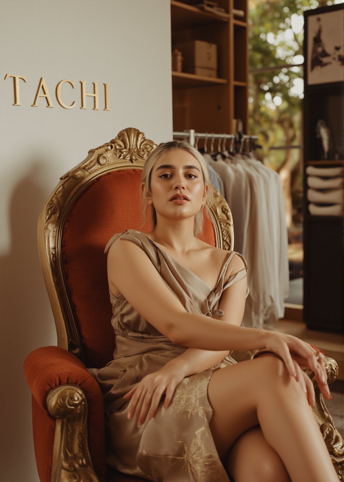 A modern, beautiful woman sits elegantly on a throne inside a stylish boutique shop. The background features a wall with the shop's name "TACHI" clearly visible. So many cloth in shop, ladies cloth, She exudes confidence and sophistication, with her fashionable attire complementing the luxurious ambiance of the boutique. The shop is decorated with sleek, contemporary designs, and the lighting highlights both the woman and the shop's details. The throne she sits on is ornate yet modern, blending seamlessly with the chic atmosphere of the store.

This breathtaking photograph, shot on a Canon 1DX with a 50 mm f/2.8 lens, beautifully showcases the raw and authentic beauty of life. high resolution 8k image quality,

The image is captured using a Fujifilm cinematic camera, with dramatic cinematic lighting enhancing the deep shadows and bright highlights. The scene is shot with a wide aperture, creating a shallow depth of field that blurs the forest background, making her the clear focal point. The camera angle is low, looking slightly upwards to give her an empowering, larger-than-life presence. The textures of the costume and her skin are rendered in high definition, with the soft, natural lighting adding a dreamlike quality to the image.