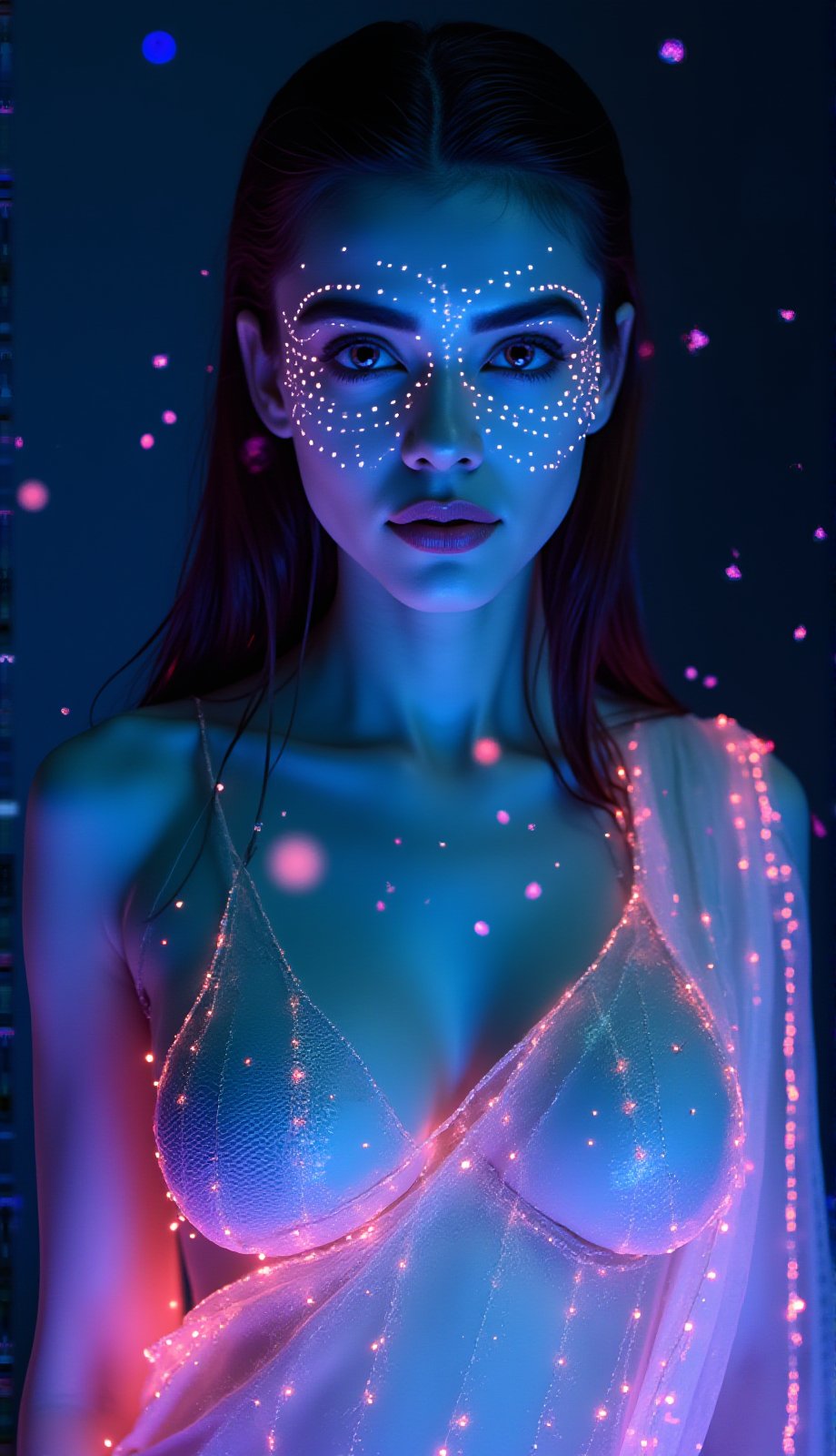 A mystical, close-up photo of an alien woman with a bioluminescent glow. Her midriff is exposed, revealing glowing skin with symmetrical neon lines that trace intricate patterns across her face and body. The skin emits a soft, otherworldly light, giving her a mesmerizing appearance. Her face is adorned with glowing dots, arranged in a symmetrical pattern that highlights her ethereal beauty.

She is wearing a neon saree that also glows with vibrant colors, blending seamlessly with the bioluminescent tones of her skin. Light particles float around her, adding to the mystical aura, while glowing spots and dots on her body create a radiant, enchanting effect. The close-up focus on her face emphasizes her luminous features, with every detail of the glowing patterns and lines captured in stunning detail.
