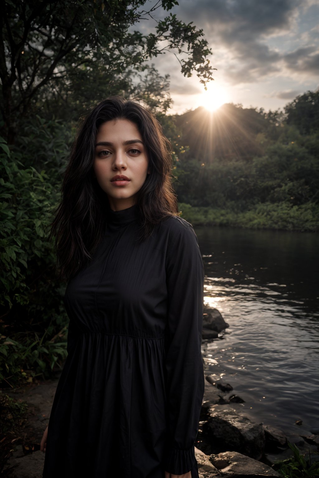 Best work, (Best quality, ,HDR, 8k, 32k, raw photo, photorealistic, UHD:1.2), beautiful 20 year old girl in long black dress at the lakeside in a forest, eyes, blue hair, detailed face, perfect face, pond, dark sky, lights in the background, realism, red sky, detailed sky, realistic clouds, sun, bright environment, late afternoon, sun rays in the clouds