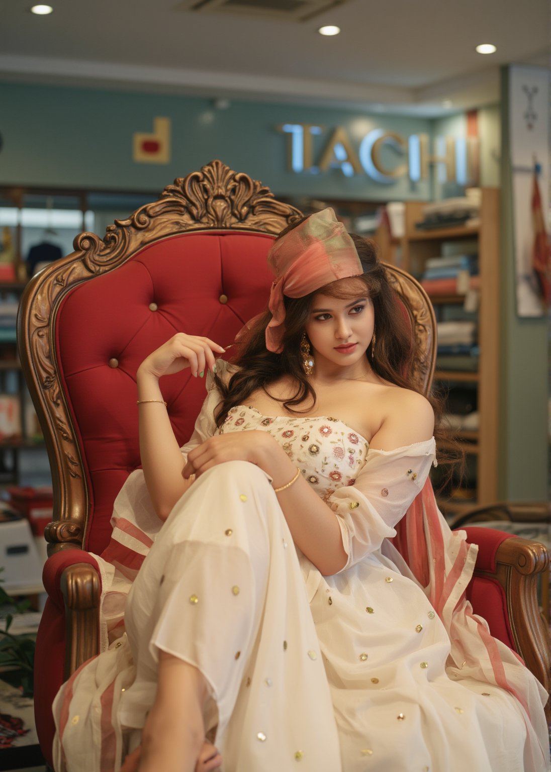 A modern, beautiful woman sits elegantly on a throne inside a stylish boutique shop. So many ethnic wears in background, (((The background features a wall with the shop's name "TACHI" clearly visible))). So many cloth in shop, ladies cloth, She exudes confidence and sophistication, with her fashionable attire complementing the luxurious ambiance of the boutique. The shop is decorated with sleek, contemporary designs, and the lighting highlights both the woman and the shop's details. The throne she sits on is ornate yet modern, blending seamlessly with the chic atmosphere of the store.

This breathtaking photograph, shot on a Canon 1DX with a 50 mm f/2.8 lens, beautifully showcases the raw and authentic beauty of life. high resolution 8k image quality,

The image is captured using a Fujifilm cinematic camera, with dramatic cinematic lighting enhancing the deep shadows and bright highlights. making her the clear focal point. The camera angle is low, looking slightly upwards to give her an empowering, larger-than-life presence. The textures of the costume and her skin are rendered in high definition, with the soft, natural lighting adding a dreamlike quality to the image.