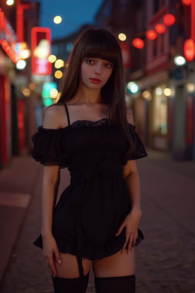 sandrine girl, 15 years old. Dark brown hair. Professional photo, outdoors, evening, city street corner,red light district,  looking at viewer, parted lips, excessive makeup. Wearing a short off-shoulders black dress and thighhighs. Shallow depth of field. Bokeh