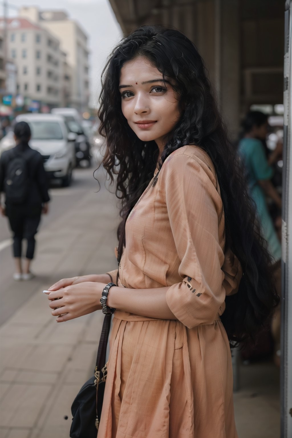 18yo girls road crossing, Crowd city, girls walking , bikes, car, Bus, busy cityCreate an realistic concept centered around a modern indian girl with fair skin with enchanting and timeless beauty. Her expressive eyes are windows to a world of emotion, her captivating smile leaves an indelible mark, and her flowing hair is a visual poetry. Explore how her gentle touch creates an aura that infuses every shared moment with a sense of destiny and magic. Develop the storyline, characters, and the world in which this enchanting girl exists, and let her presence be a driving force behind the themes and narrative. ,Realism, Mallugirl, Thrissur, Very crowded city,photorealistic