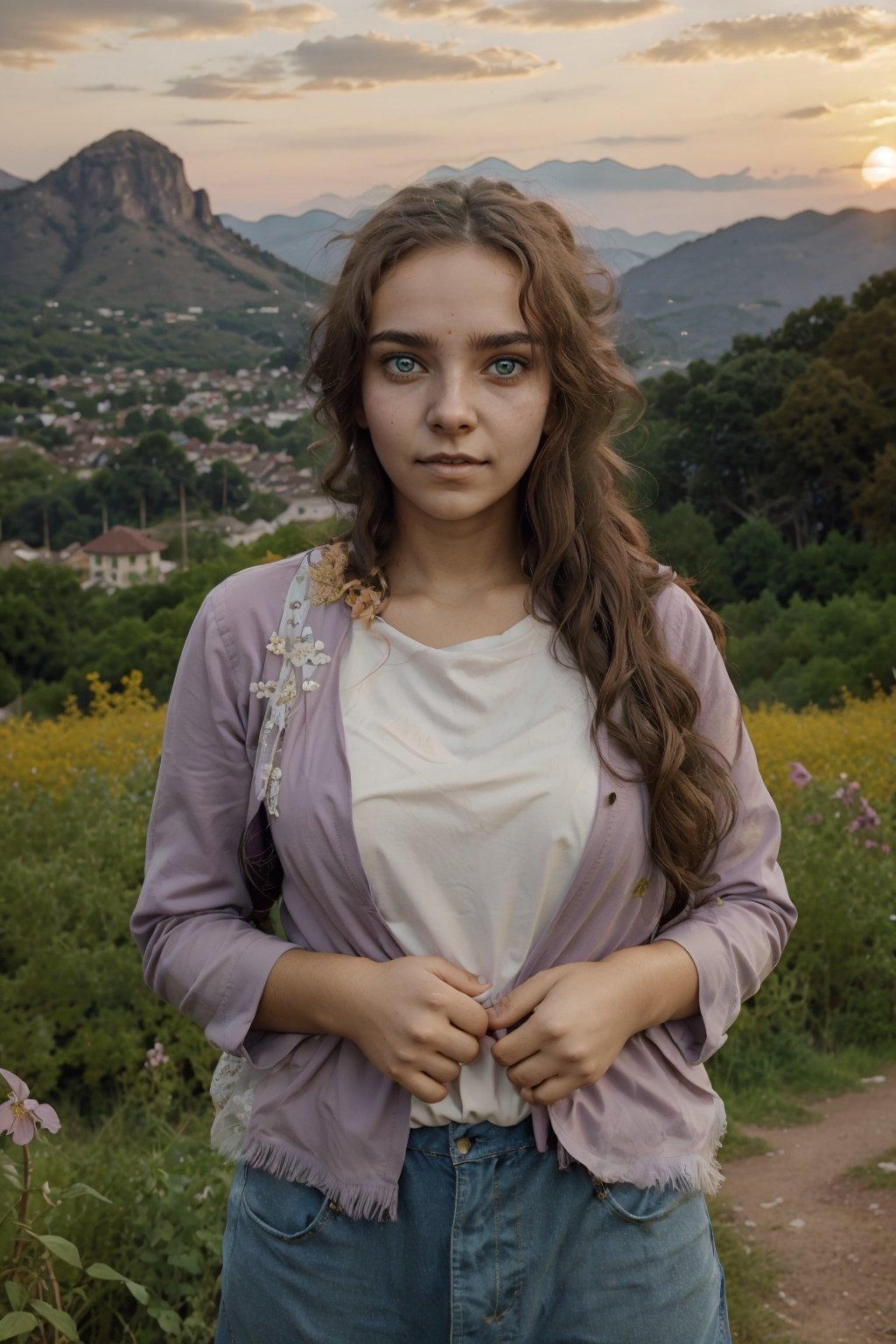 A beautiful woman stood atop a rocky outcropping, symmetrical eyes, Her hair was swept up in loose curls that tumbled down her back, a subtle hint of makeup accentuated her high cheekbones, full lips, and flawless complexion. As she turned to face the camera, a soft smile played at the corners of her mouth, framing her delicate features and piercing blue eyes overlooking a breathtaking valley below. She wore a flowing wedding dress that billowed gently in the breeze ,the lace was delicately embroidered with tiny flowers and vines, while the hem was adorned with sparkling crystals that caught the light and glimmered like stars. In the foreground, a bed of wildflowers added a pop of color to the scene, with vibrant hues of pink, purple, and yellow. Bees buzzed lazily from blossom to blossom, collecting nectar in the golden light of the setting sun. The sun was setting behind the mountains, casting a warm orange glow across the vast landscape.,hinata(boruto),Heterochromia girl