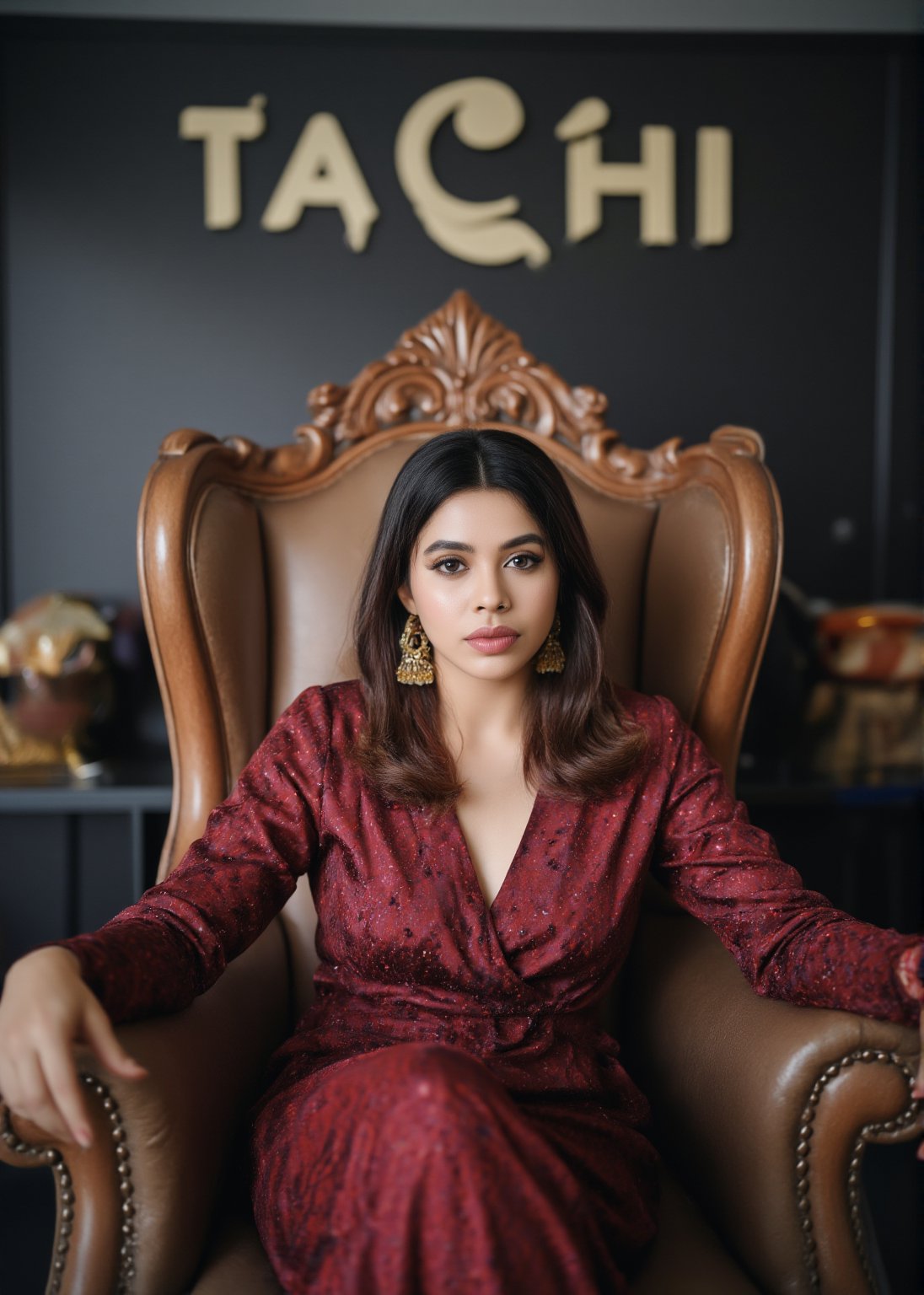 A modern, beautiful woman sits elegantly on a throne inside a stylish boutique shop. So many ethnic wears in background, (((The background features a wall with the shop's name "TACHI" clearly visible))). So many cloth in shop, ladies cloth, She exudes confidence and sophistication, with her fashionable attire complementing the luxurious ambiance of the boutique. The shop is decorated with sleek, contemporary designs, and the lighting highlights both the woman and the shop's details. The throne she sits on is ornate yet modern, blending seamlessly with the chic atmosphere of the store.

This breathtaking photograph, shot on a Canon 1DX with a 50 mm f/2.8 lens, beautifully showcases the raw and authentic beauty of life. high resolution 8k image quality,

The image is captured using a Fujifilm cinematic camera, with dramatic cinematic lighting enhancing the deep shadows and bright highlights. making her the clear focal point. The camera angle is low, looking slightly upwards to give her an empowering, larger-than-life presence. The textures of the costume and her skin are rendered in high definition, with the soft, natural lighting adding a dreamlike quality to the image.,Tanyx