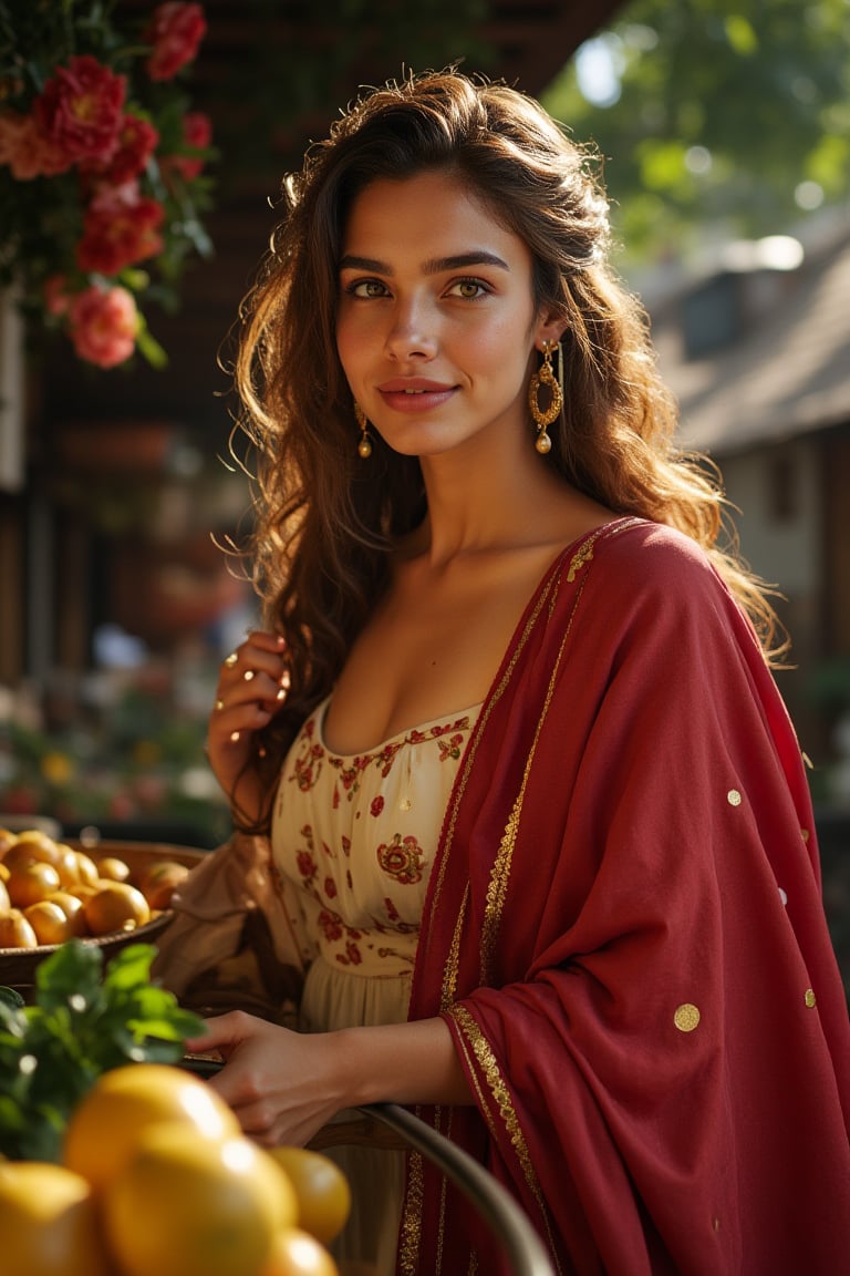 Stunning 8K CG masterpiece captures the essence of the bustling streets of ancient Rome. In the sun, in the light and shadow, a very beautiful woman with fair skin, long flowing hair as soft as silk, and exquisite, luxurious, and precious clothing poses in an authentic street stall. Her delicate face, smart eyes, long and thick eyelashes, and delicate nose are all displayed in detail. Her earrings, bracelets, gold bracelets, and rings seem to have come out of an art museum. Natural light gives her a beautiful glow, making her look even more beautiful. A delicate hand holds the vendor's goods, and her eyes seem to contain the secrets of this ancient city. Shadows dance precisely across the scene, adding depth and dimension to this ultra-detailed, realistic illustration.,16yo,Cinematic ,Realistic.,RAW 

The image is captured using a Fujifilm cinematic camera, with dramatic cinematic lighting enhancing the deep shadows and bright highlights. The scene is shot with a wide aperture, creating a shallow depth of field that blurs the forest background, making her the clear focal point. The camera angle is low, looking slightly upwards to give her an empowering, larger-than-life presence. The textures of the costume and her skin are rendered in high definition, with the soft, natural lighting adding a dreamlike quality to the image.,Midjourney_Whisper,Traditional 