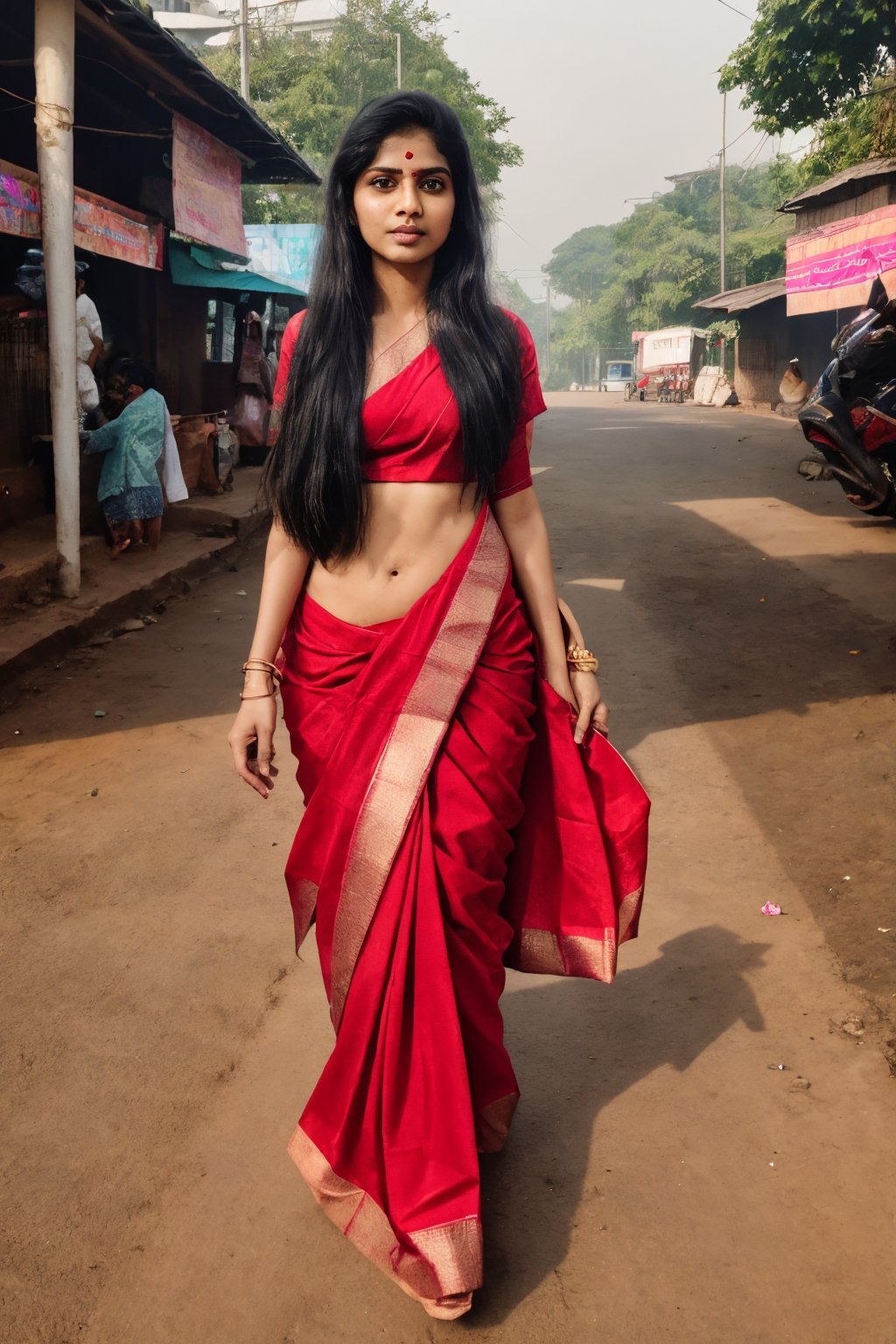 Taking and expected photo of mallu girl walking on a road BC peoples are working around the she is very urgent and she is going somewhere, Sony a7iii, photography of women crossing road very urgently, Raw photo of (25yo Kerala Beautiful young woman:1.1) (best quality, highres, ultra-detailed:1.2), vibrant colors, glowing dimond, glowing eyes, realistic Raw photo, realistic lighting, traditional Red saree,  exotic beauty, mesmerizing eyes, girl ,Thrissur
