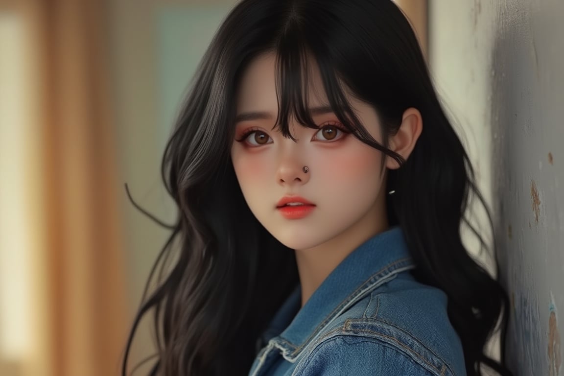 pretty 1girl, long straight black hair, wearing denim cover all fashion, super high quality, real images, lifelike, real skin, soft lighting, Cinematic, (Surrealism: 1.2), (8K UHD: 1.2), (Photorealism: 1.2), Shot with medium format camera, Professional camera, Perfectly Delicate and Rich in Detail, (masterpiece, top quality, best quality, official art, beautiful and aesthetic:1.2), (((1girl))), dynamic pose, extreme detailed,Big bearsts,Curvy plump women:1,  

 (RAW photo, best quality), (realistic, photo-Realistic:1.1), best quality, masterpiece, beautiful and aesthetic, 16K, (HDR:1.2), high contrast, (vibrant color:1.3), (muted colors, dim colors, soothing tones:0), cinematic lighting, ambient lighting, sidelighting, Exquisite details and textures, cinematic shot, Warm tone, (Bright and intense:1.1), wide shot, by xm887, ultra realistic illustration, siena natural ratio,	head to thigh portrait,	long Wave hair,Curvy plump women 