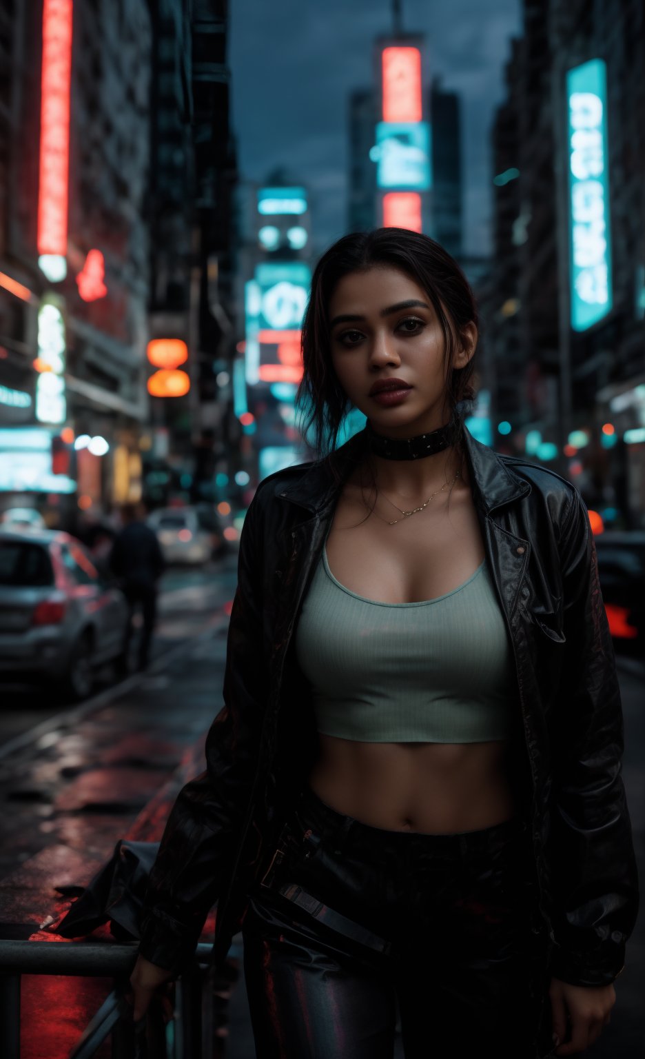 A striking Malayali woman in a cyberpunk-themed environment, captured in a realistic, high-definition photography style that mimics the quality of a Hollywood movie shot on a Sony Red cinematic camera. She is dressed in a futuristic outfit with sleek, metallic elements and neon accents, blending traditional beauty with a modern, edgy twist. Her short hair is styled to complement the cyberpunk aesthetic, perhaps with a bold color or sleek, asymmetrical cut. Midriff 

The setting is a neon-lit urban landscape, with towering buildings and holographic advertisements in the background. The scene is color graded in a strong teal and orange palette, enhancing the futuristic and dystopian atmosphere. Her face reflects determination and confidence, with dramatic lighting highlighting her features and casting dynamic shadows.

The camera angle and composition are cinematic, with a shallow depth of field that keeps the focus on the woman while subtly blurring the intricate details of the cyberpunk cityscape behind her. The overall image exudes a sense of gritty, futuristic elegance, combining the cultural elements of her Malayali heritage with the bold, high-tech world of cyberpunk.,Glowing dots on body